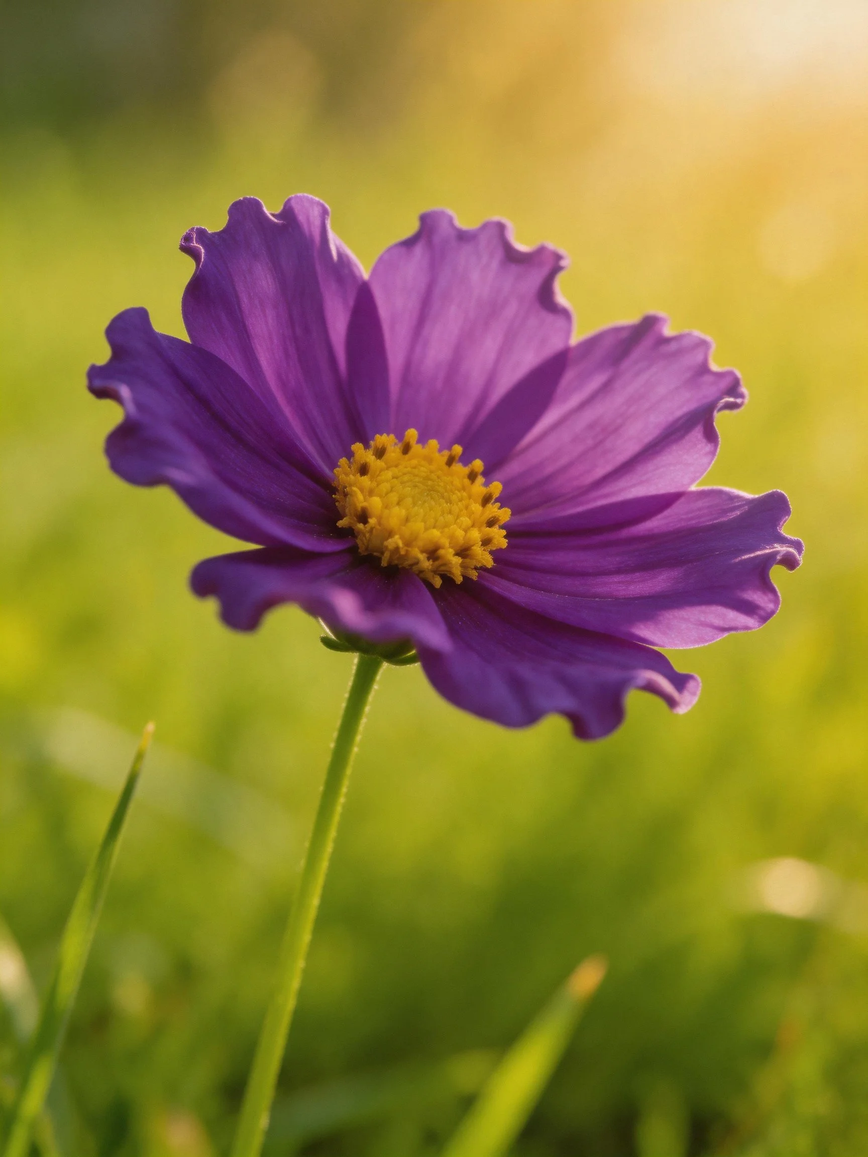 A vibrant purple cosmos flower with golden center