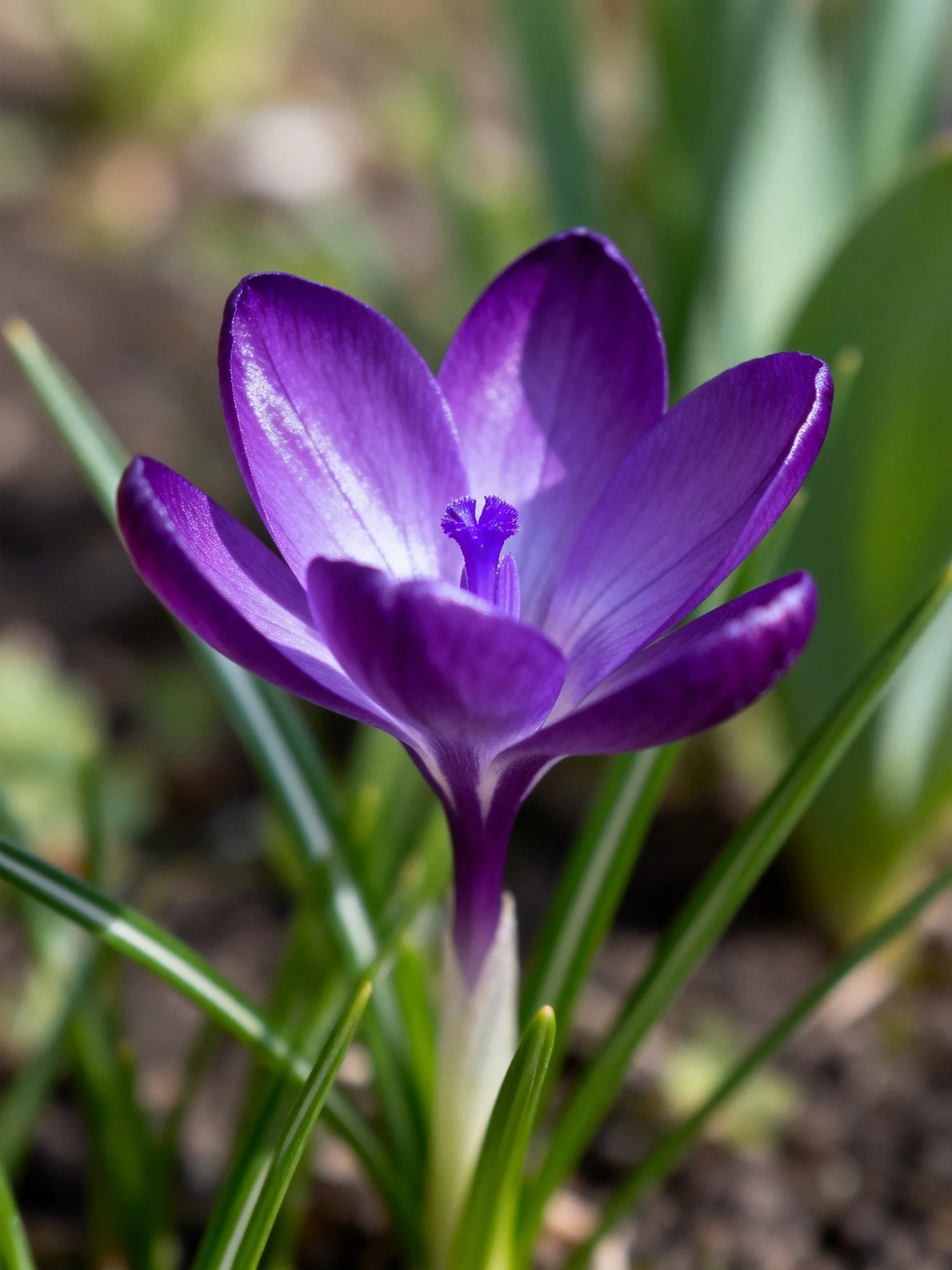 A vibrant purple crocus bloom amidst slender green blades