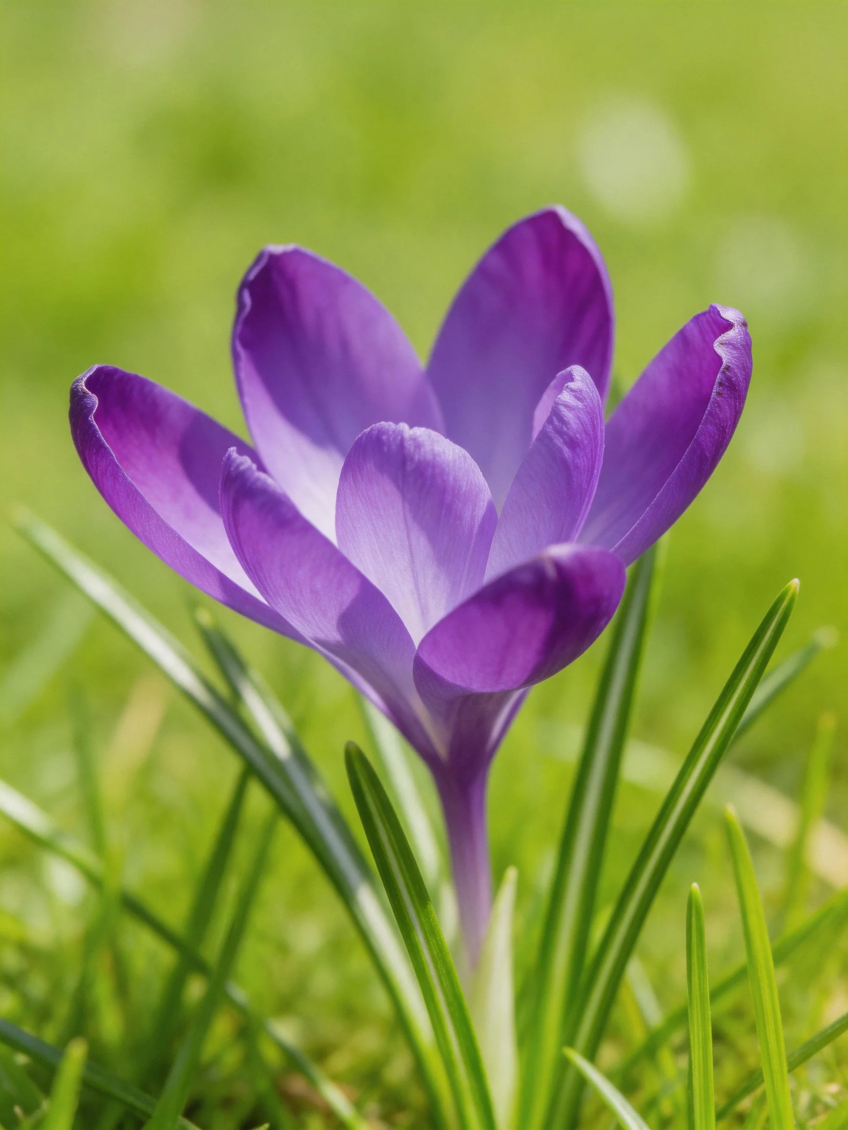 A vibrant purple crocus blooming among lush green grass