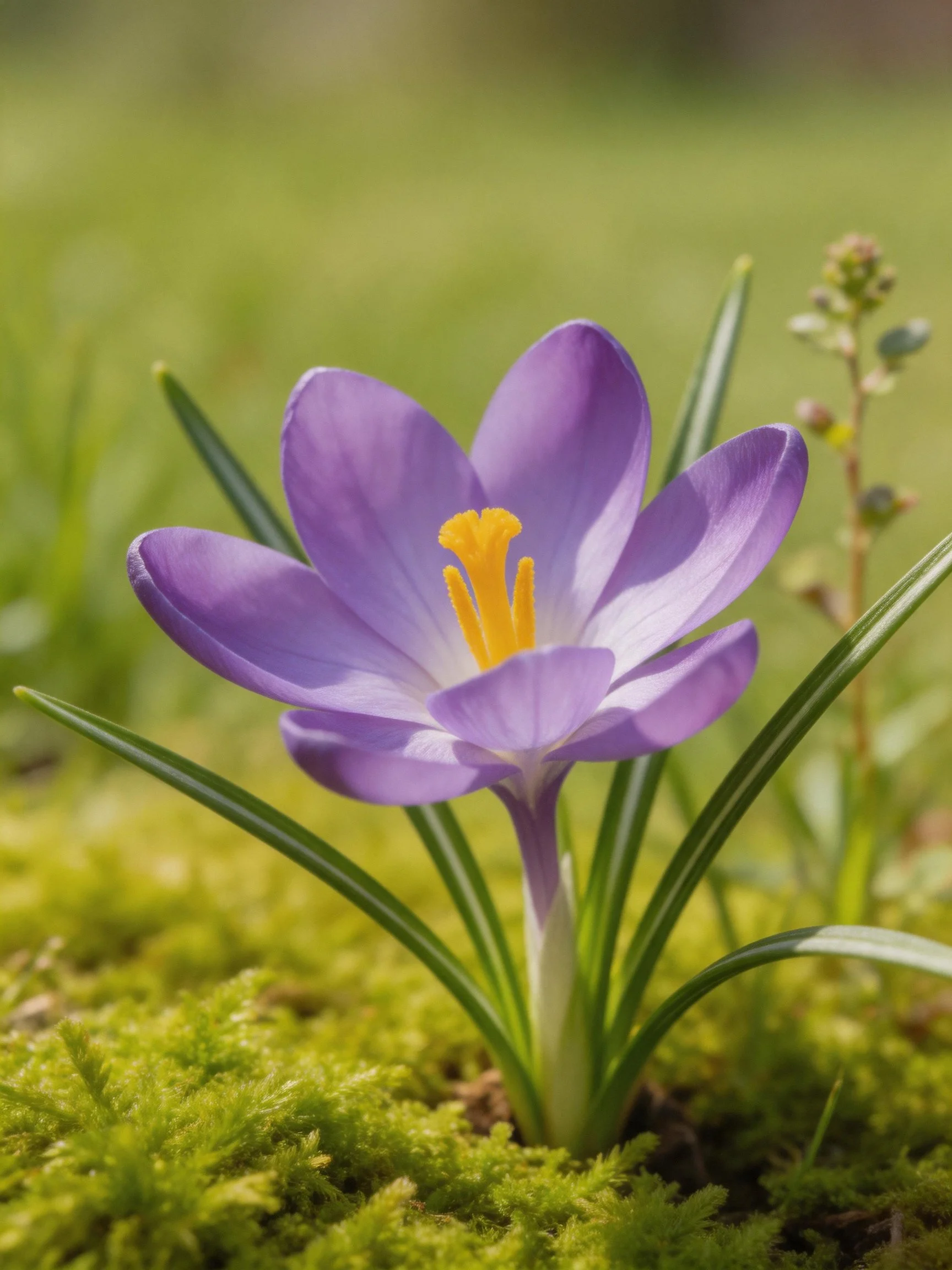 A vibrant purple crocus blooms amid lush green moss