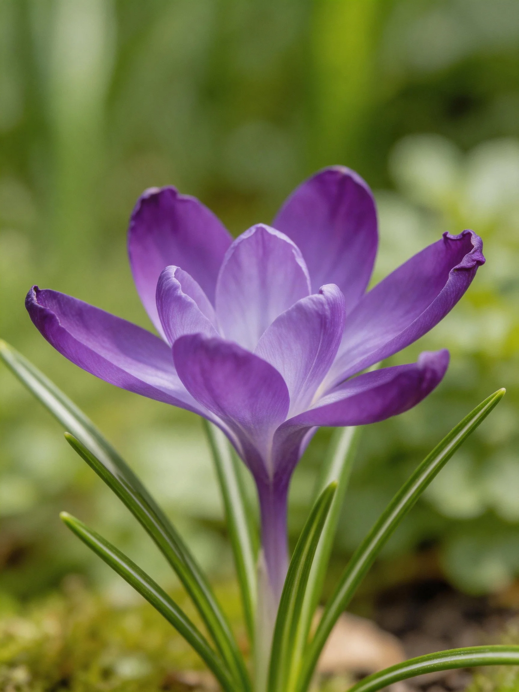 A vibrant purple crocus blooms among green foliage