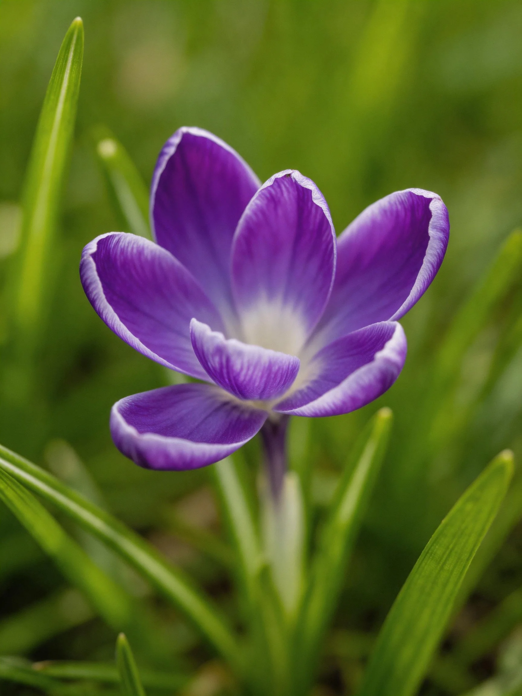 A vibrant purple crocus blooms among lush green foliage