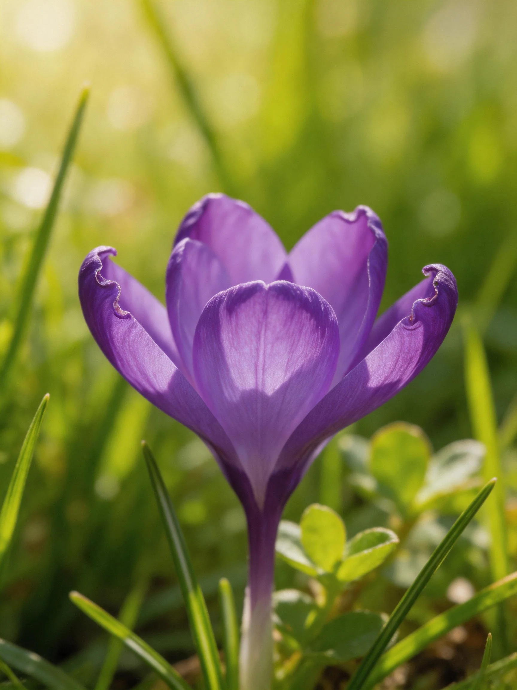 A vibrant purple crocus blooms among lush green foliage