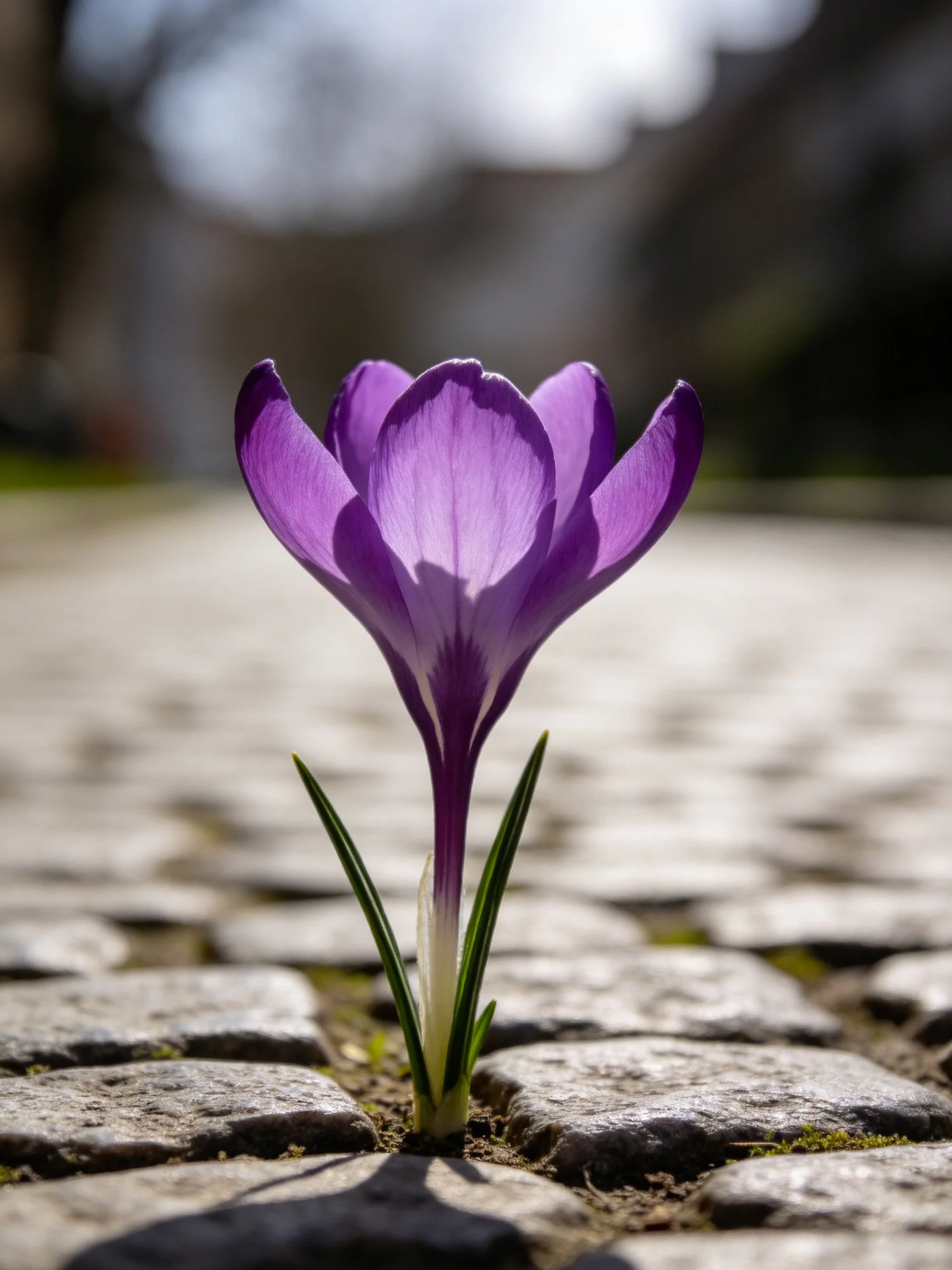 A vibrant purple crocus blooms through cobblestone pavement