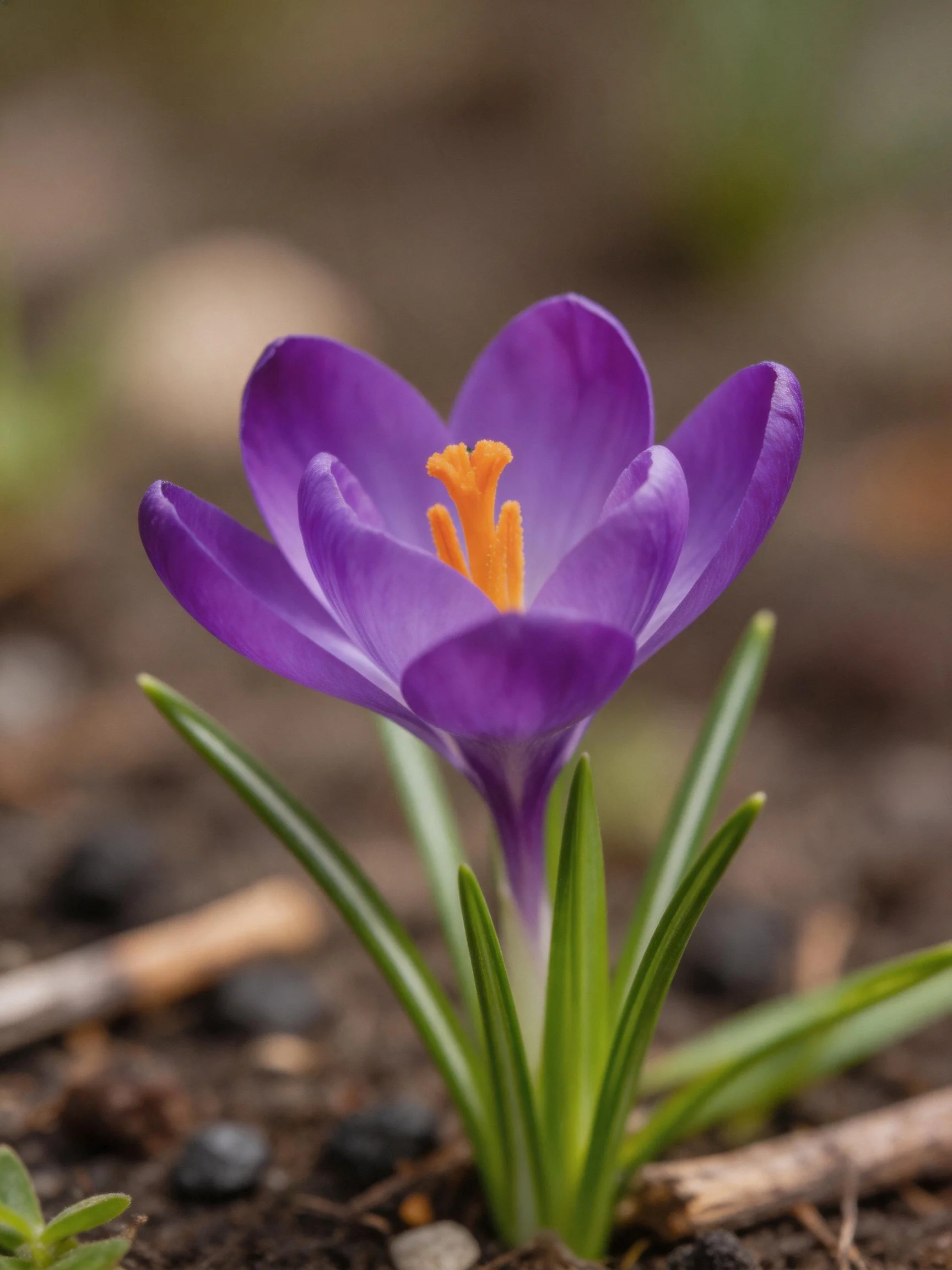 A vibrant purple crocus blooms with bright orange stamens