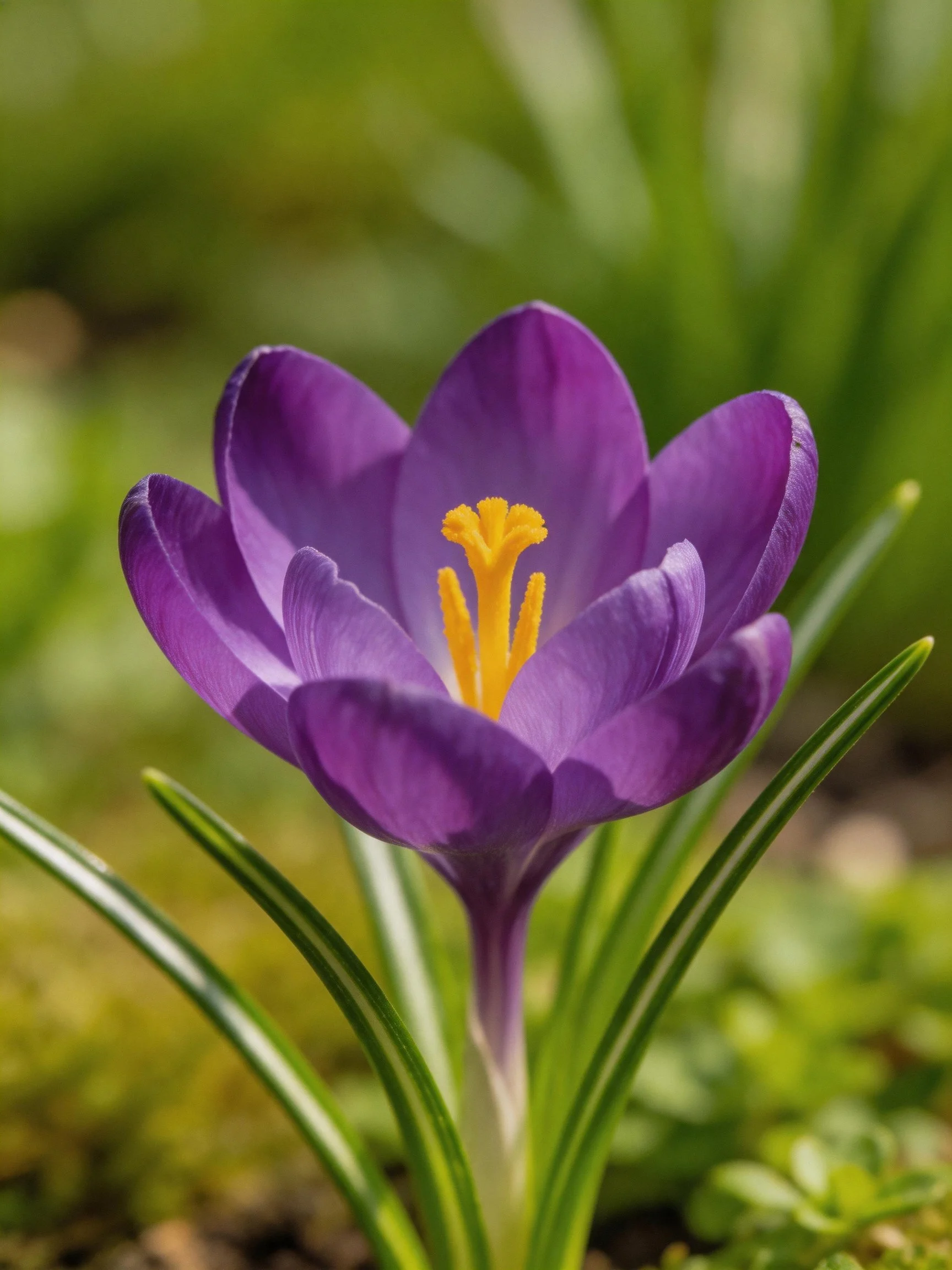 A vibrant purple crocus flower with bright yellow stamens