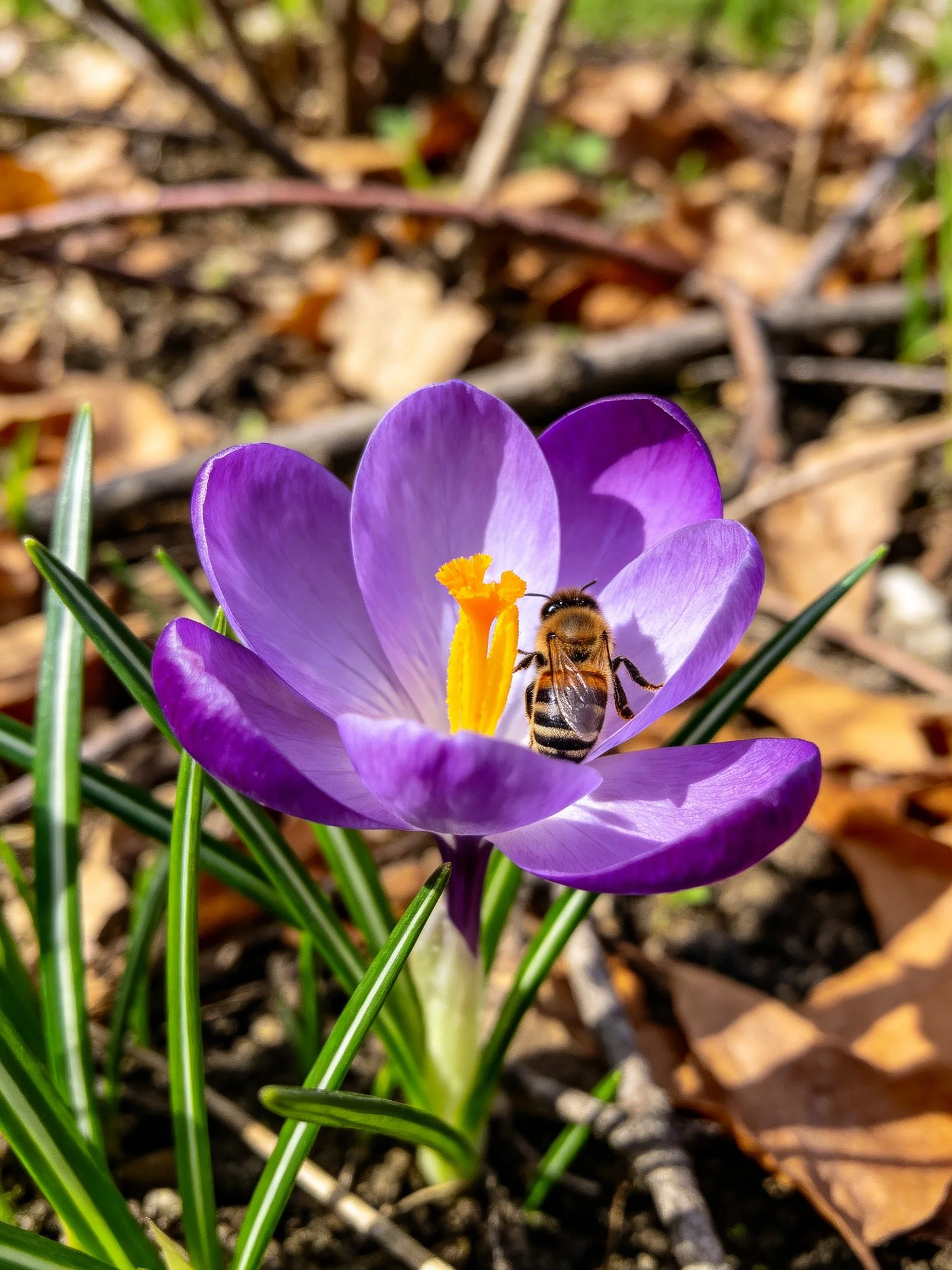 A vibrant purple crocus with a bee, green stems, and brown leaves