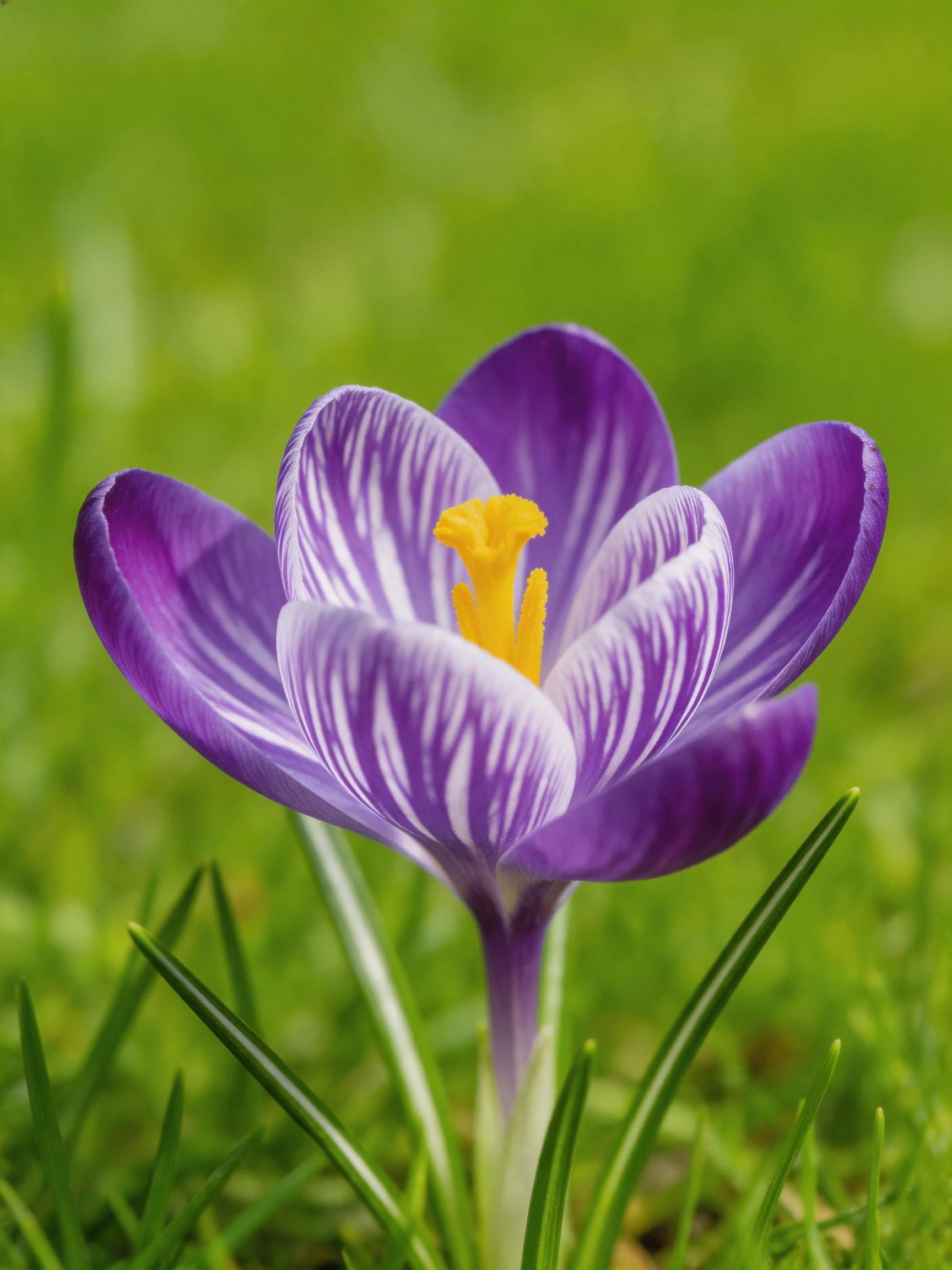 A vibrant purple crocus with white stripes blooms amid green grass
