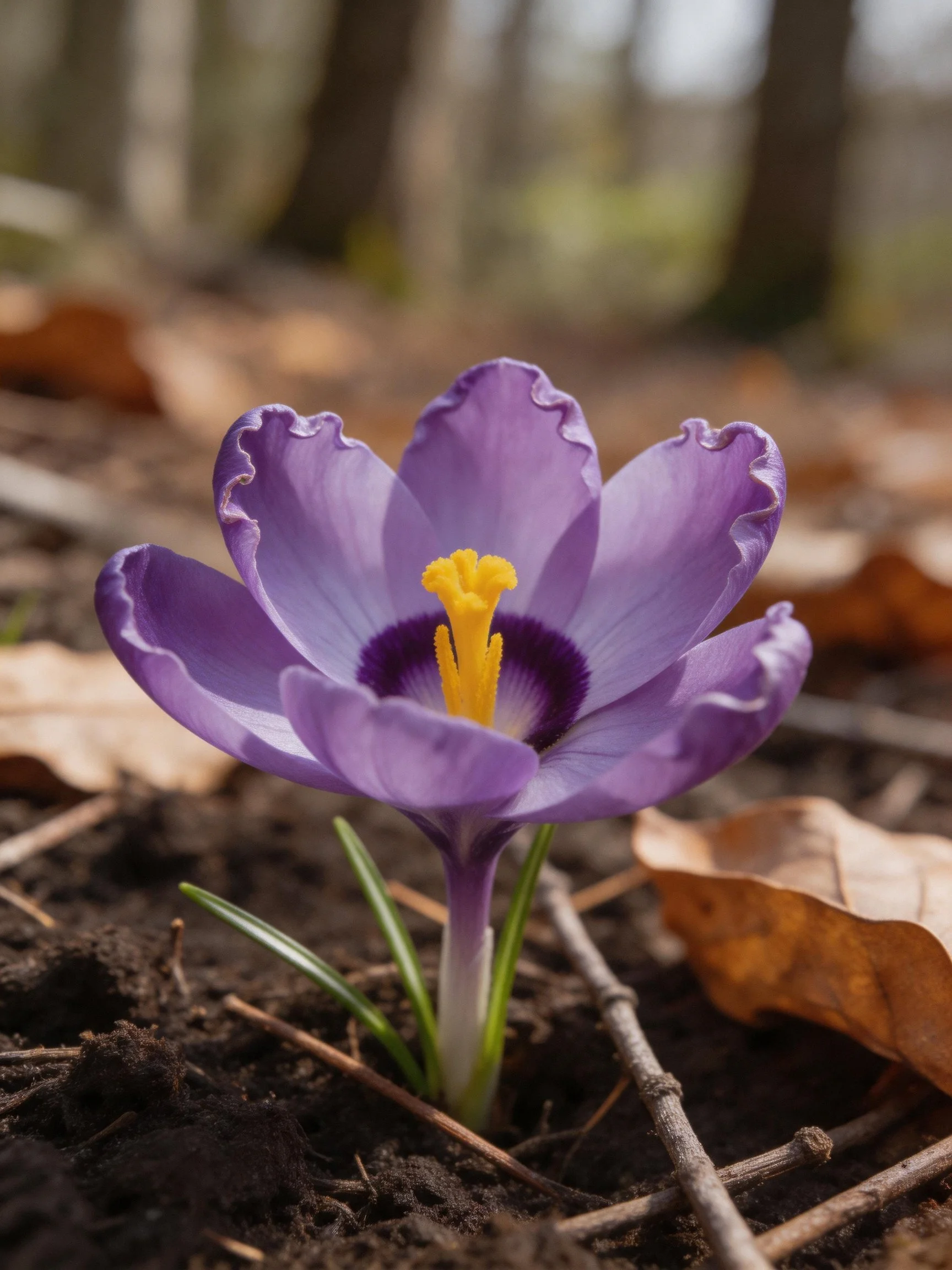 A vibrant purple crocus with yellow stamens blooms near dry leaves