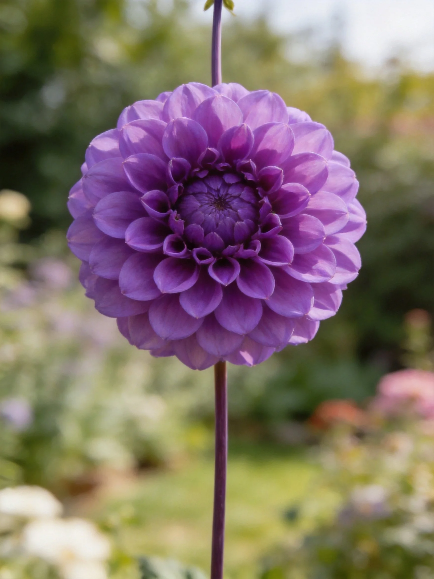A vibrant purple dahlia blooms in a lush garden
