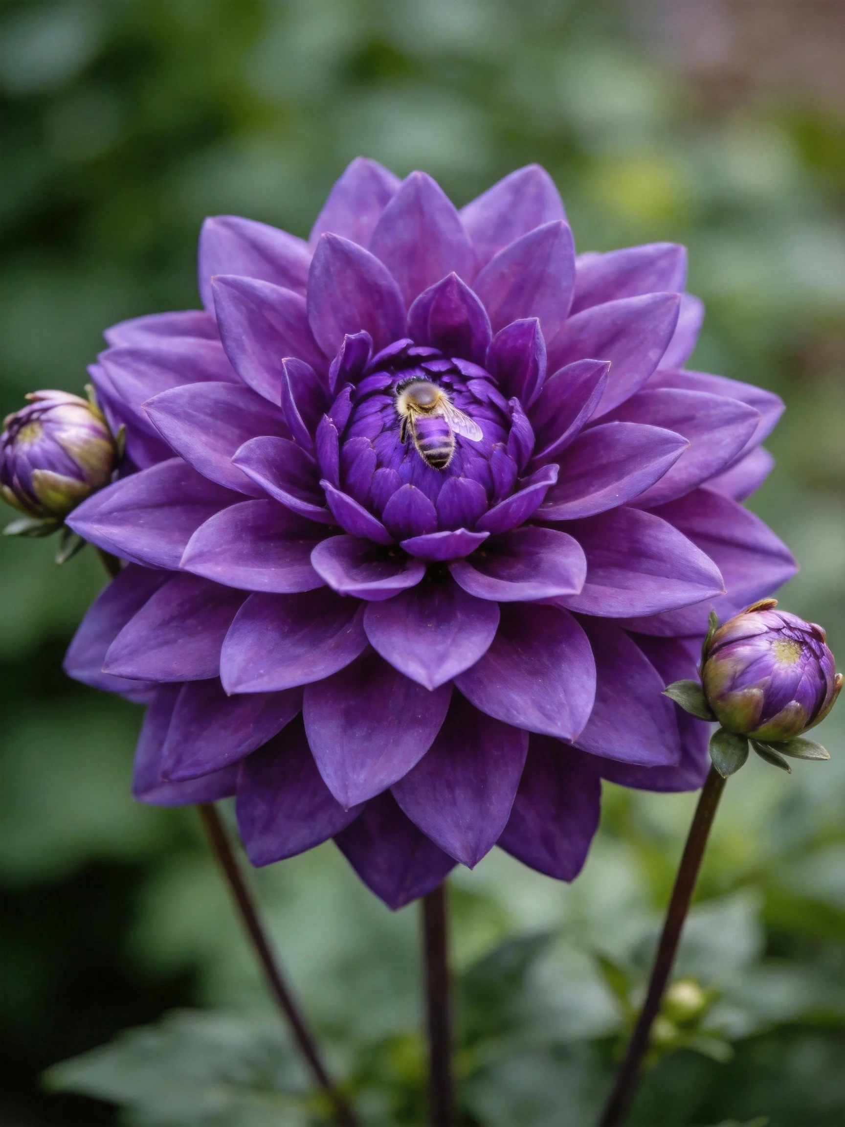A vibrant purple dahlia with a bee and two unopened buds