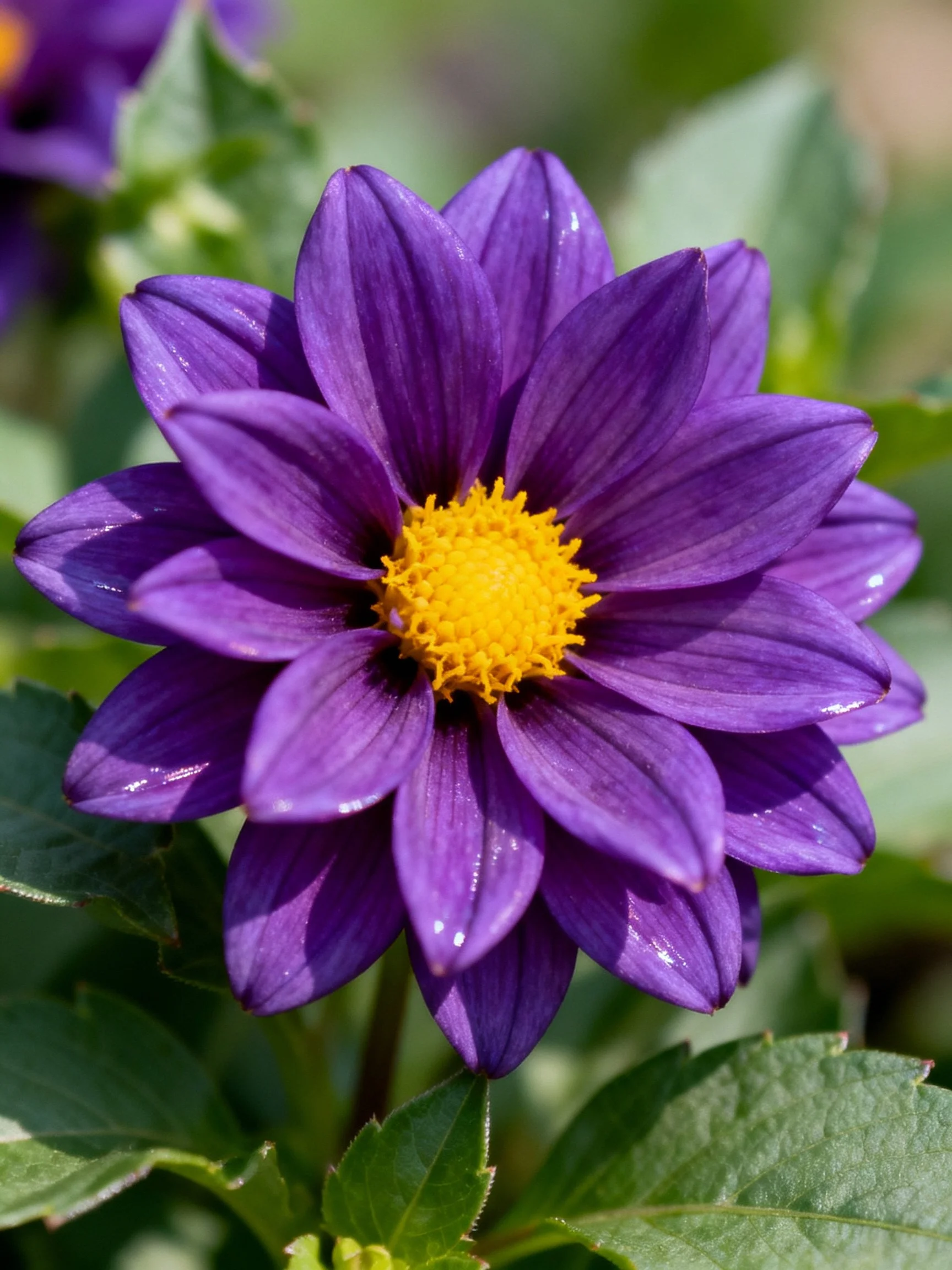 A vibrant purple dahlia with a bright yellow center