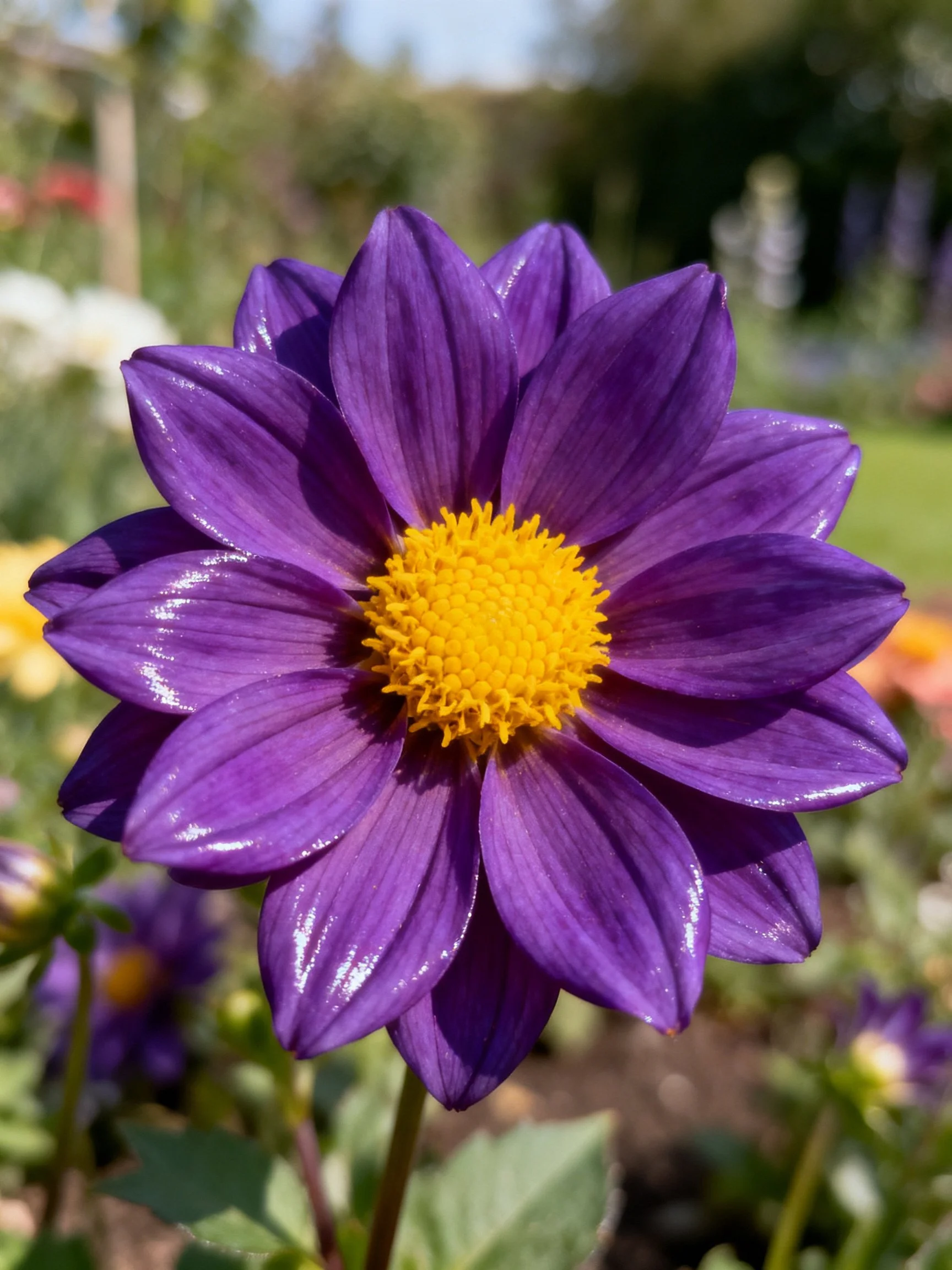 A vibrant purple dahlia with a bright yellow center