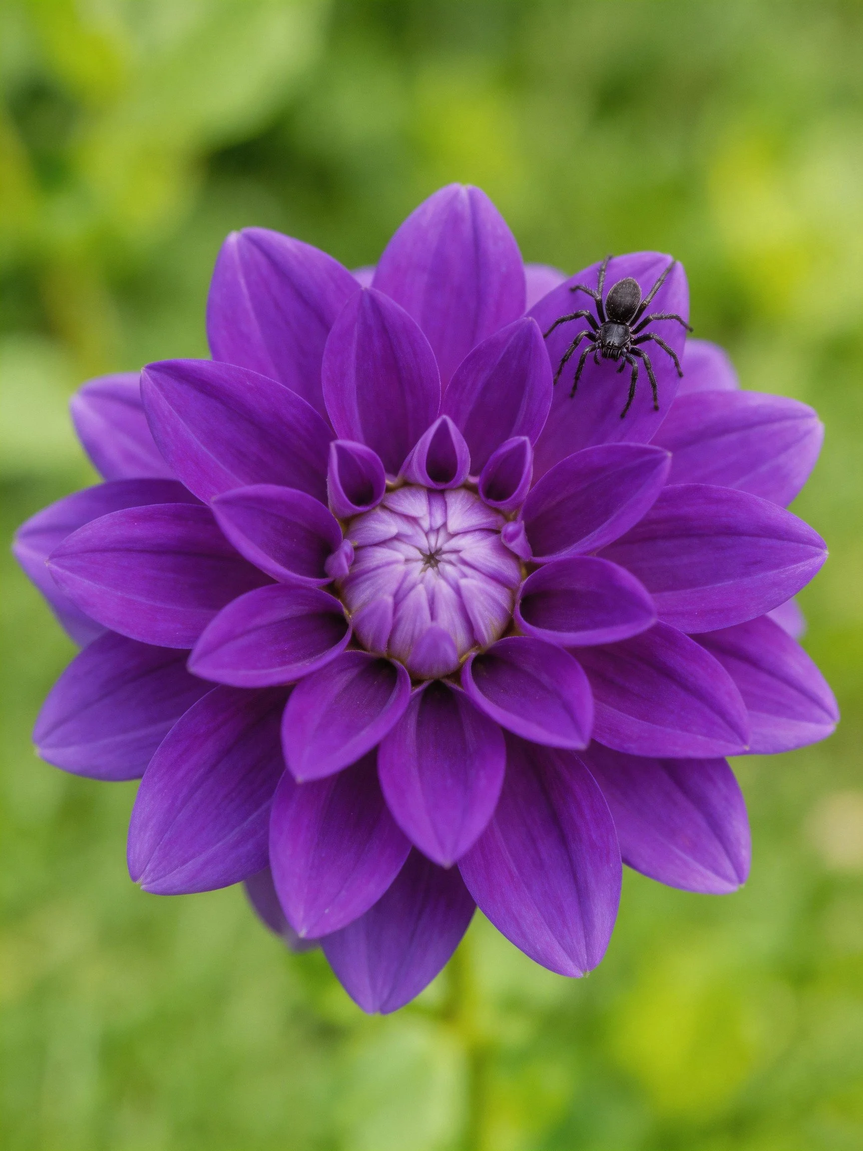A vibrant purple dahlia with a small black spider on its petal