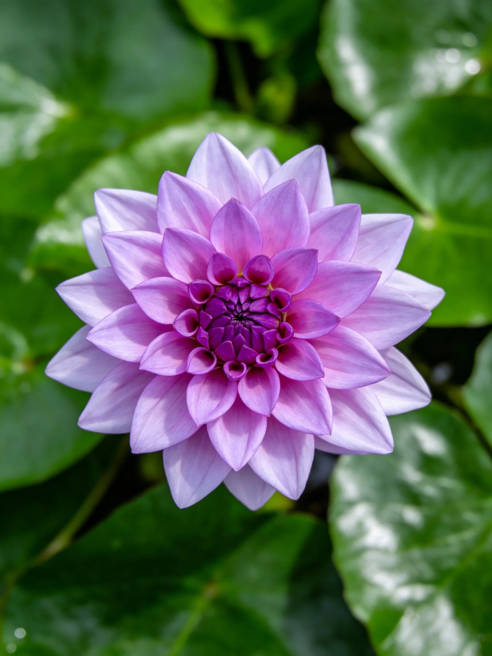 A vibrant purple dahlia with layered petals among lush green leaves