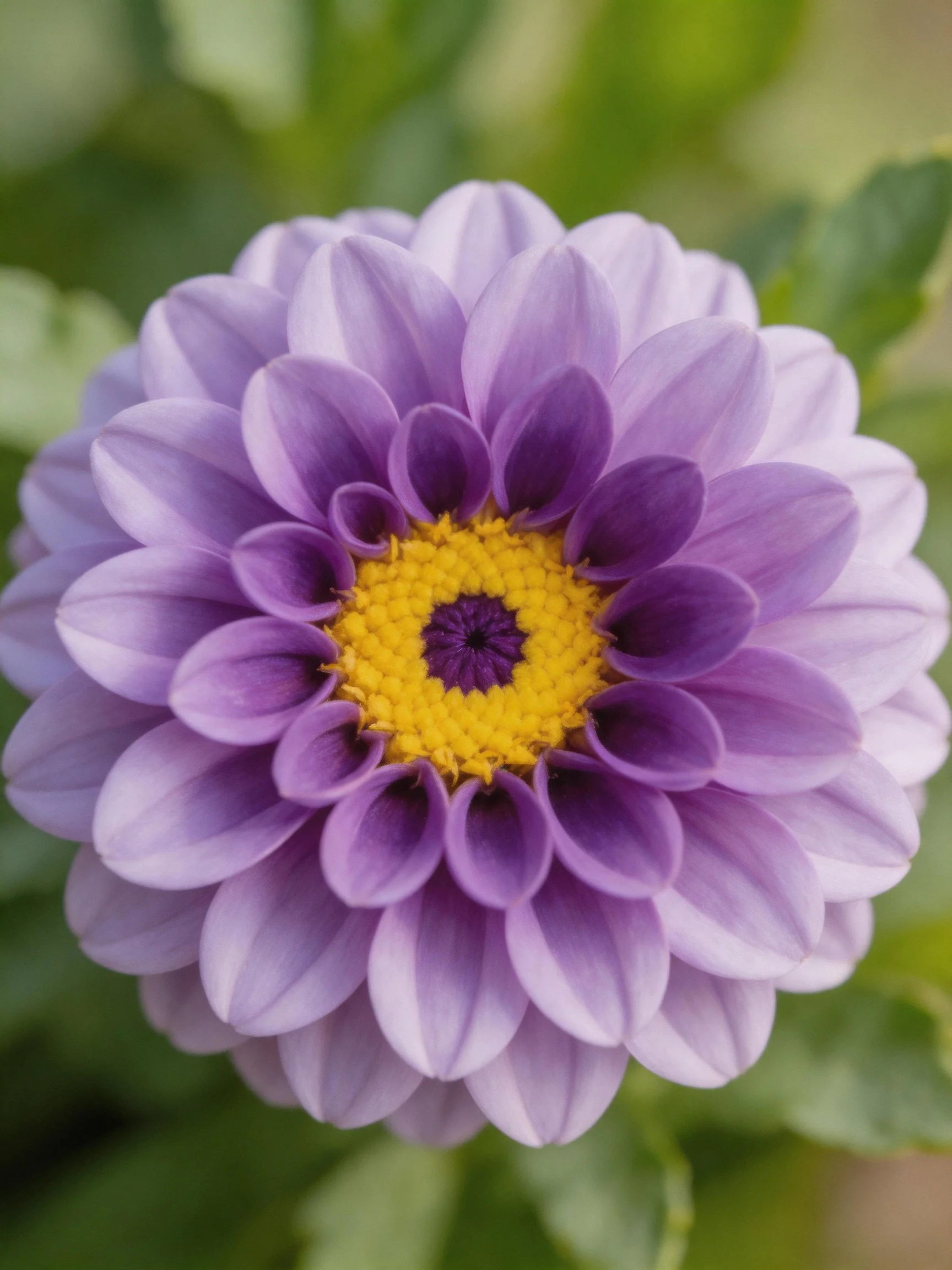 A vibrant purple dahlia with layered petals and a bright yellow center