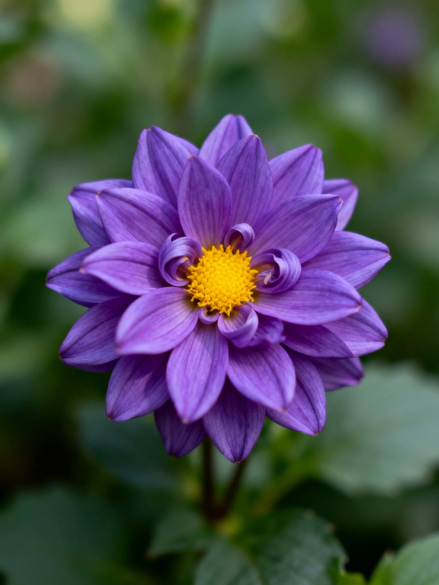 A vibrant purple dahlia with layered petals and a bright yellow center