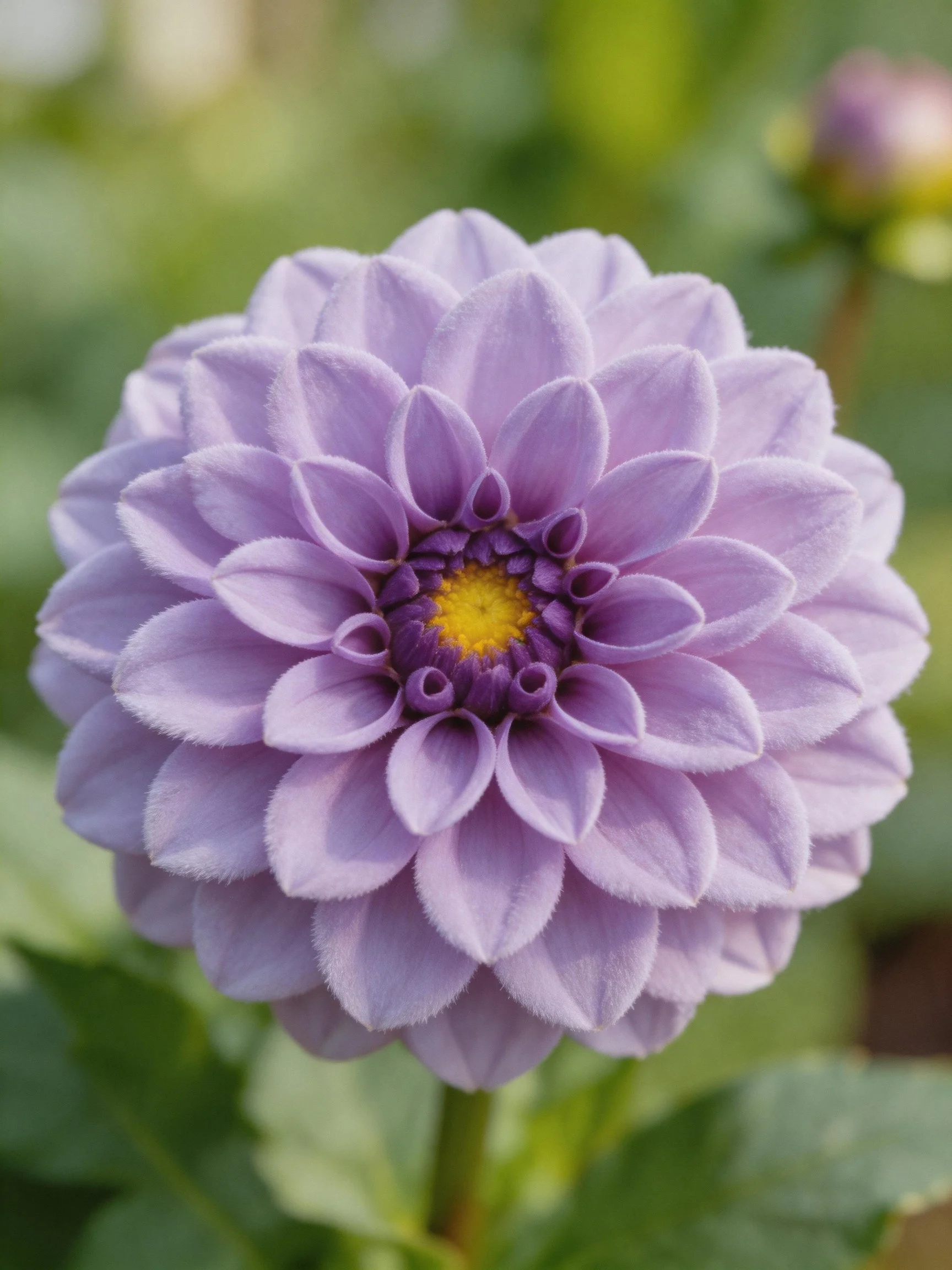 A vibrant purple dahlia with layered petals and a yellow center