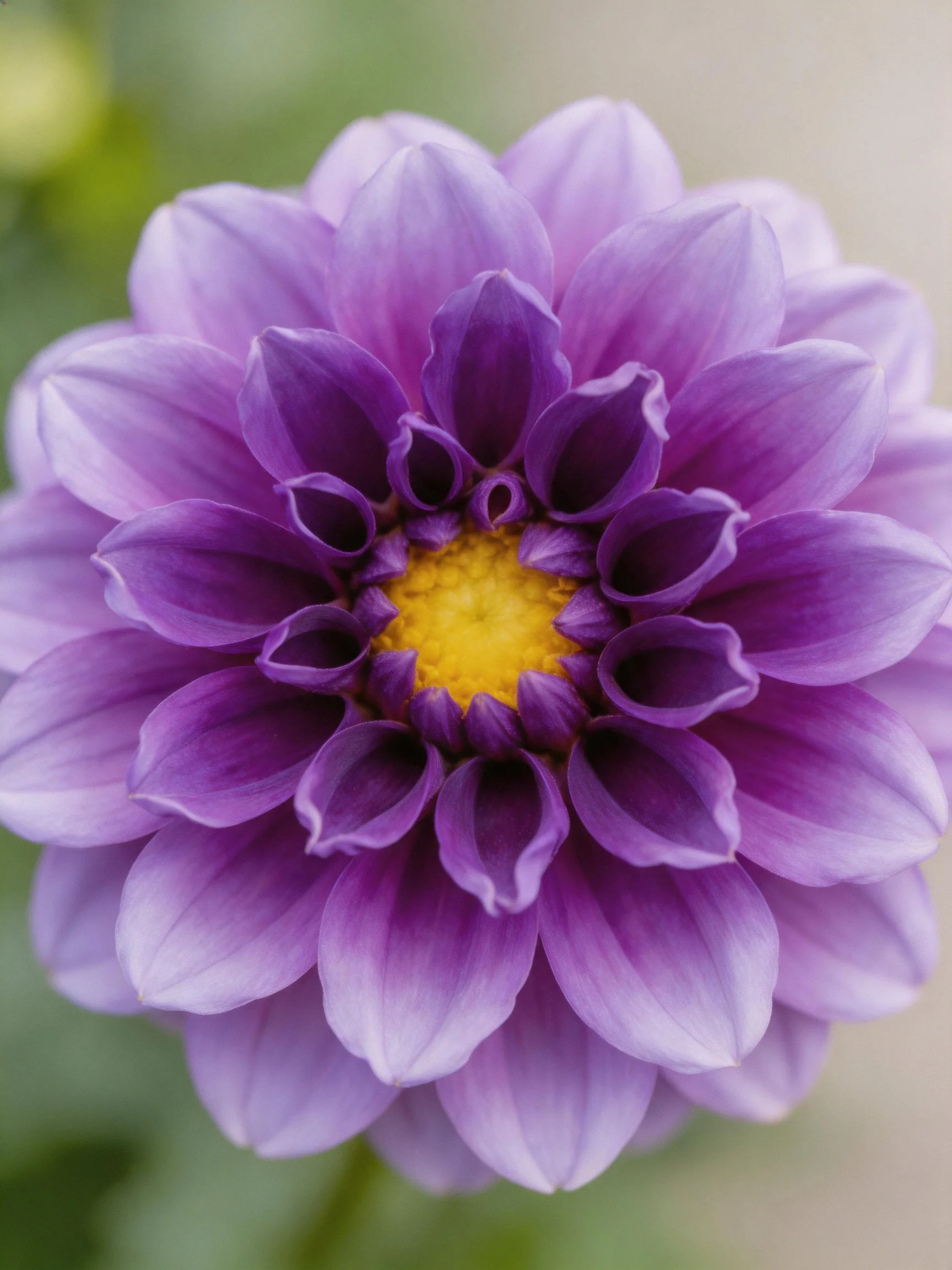 A vibrant purple dahlia with layered petals and a yellow center