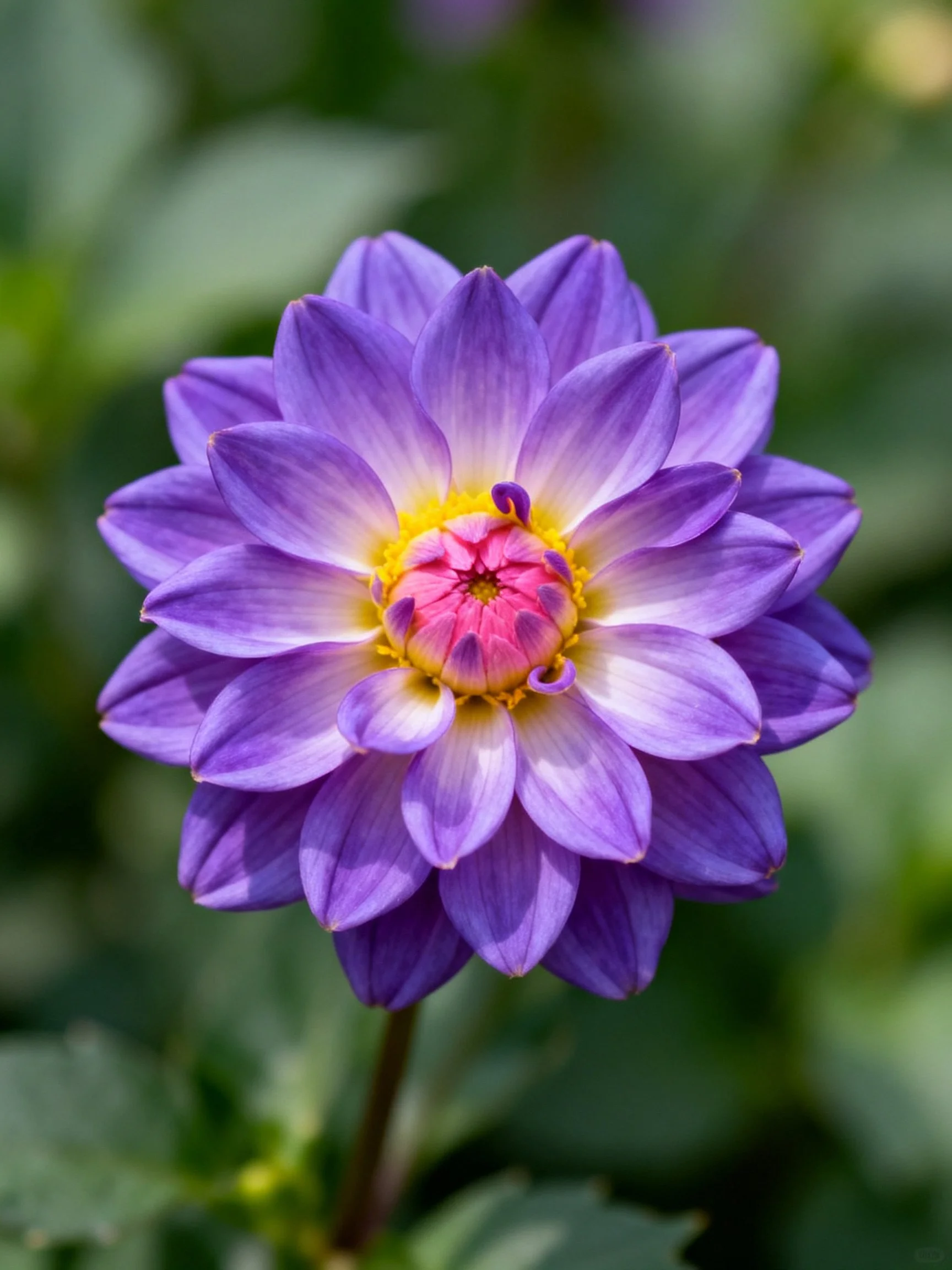 A vibrant purple dahlia with layered petals and colorful center