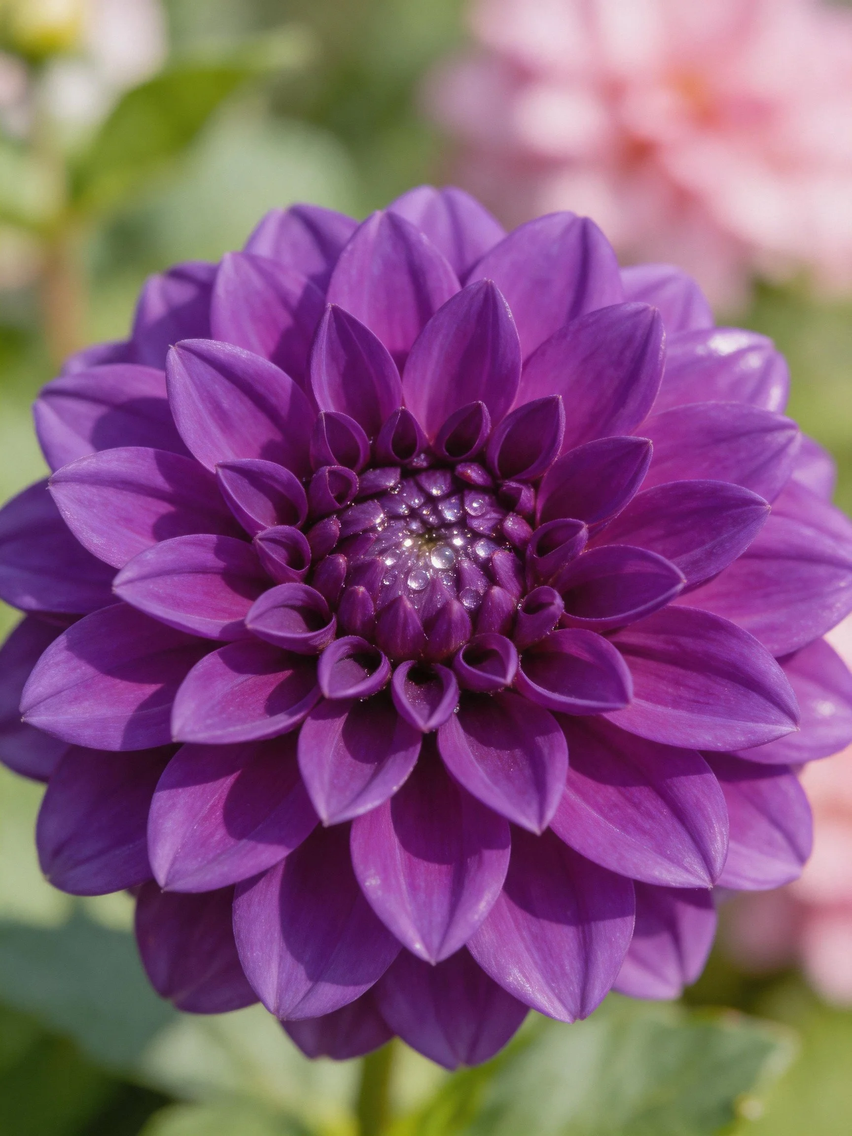 A vibrant purple dahlia with layered petals and dew drops