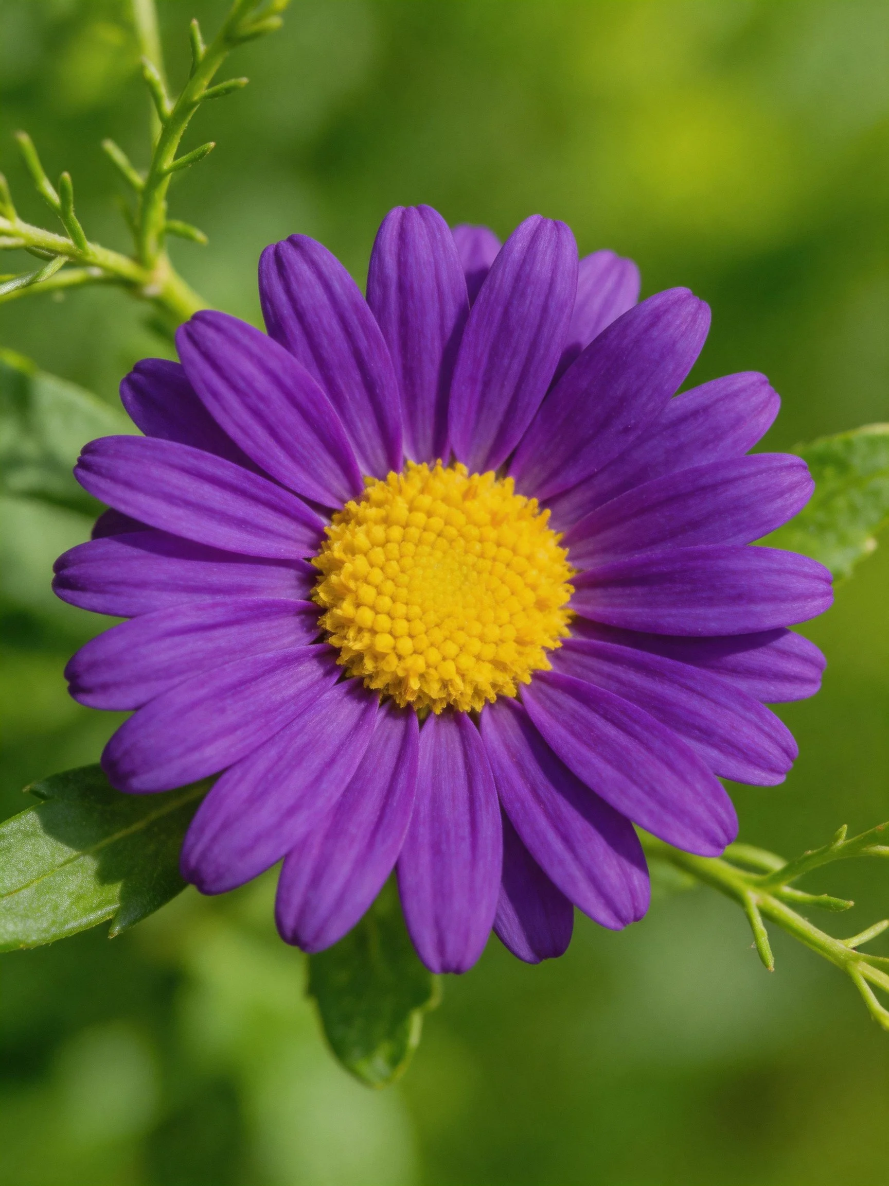 A vibrant purple daisy with a yellow center amid green foliage
