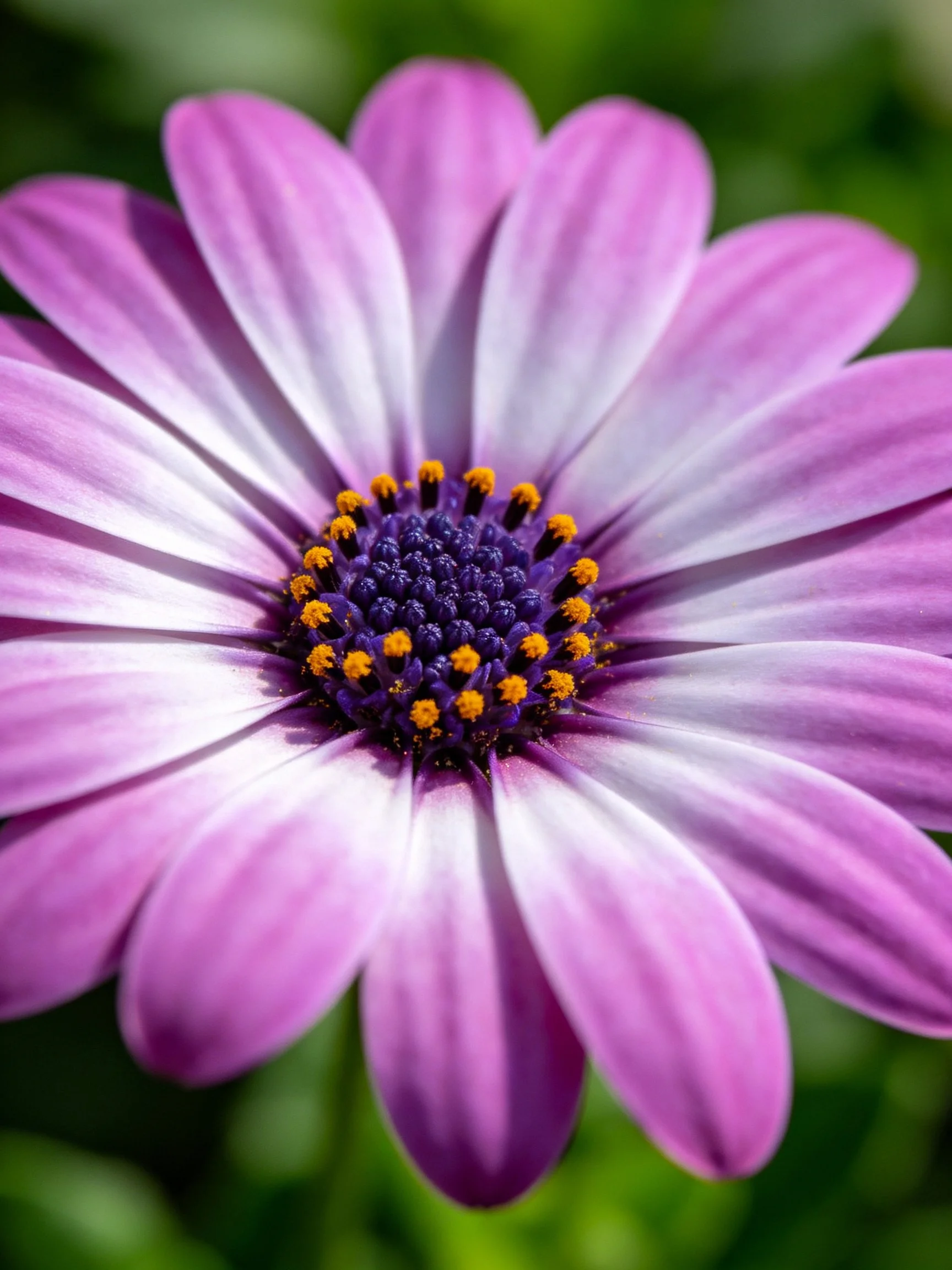 A vibrant purple daisy with yellow stamens and dark central core