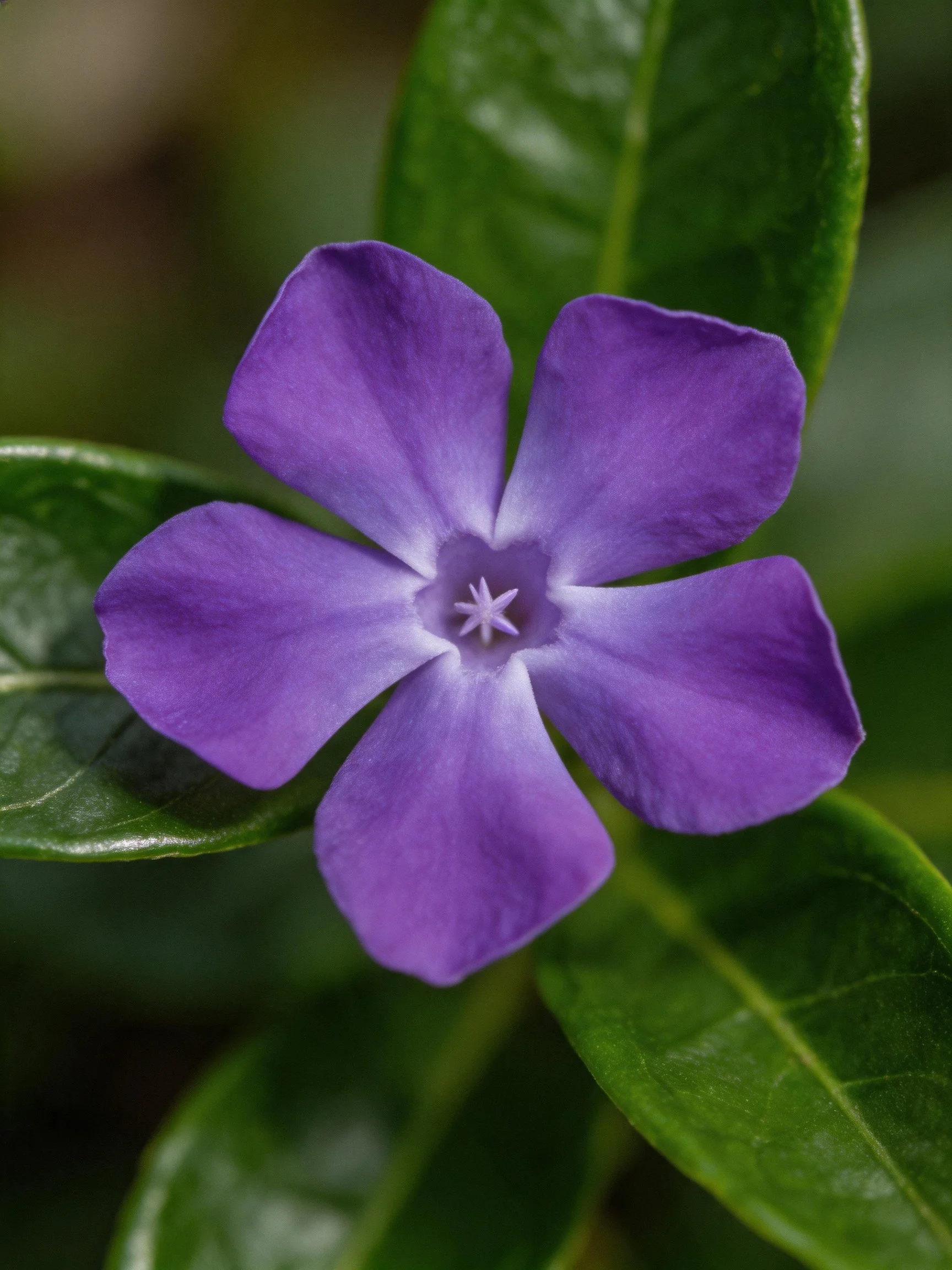 A vibrant purple five - petal flower with glossy green leaves
