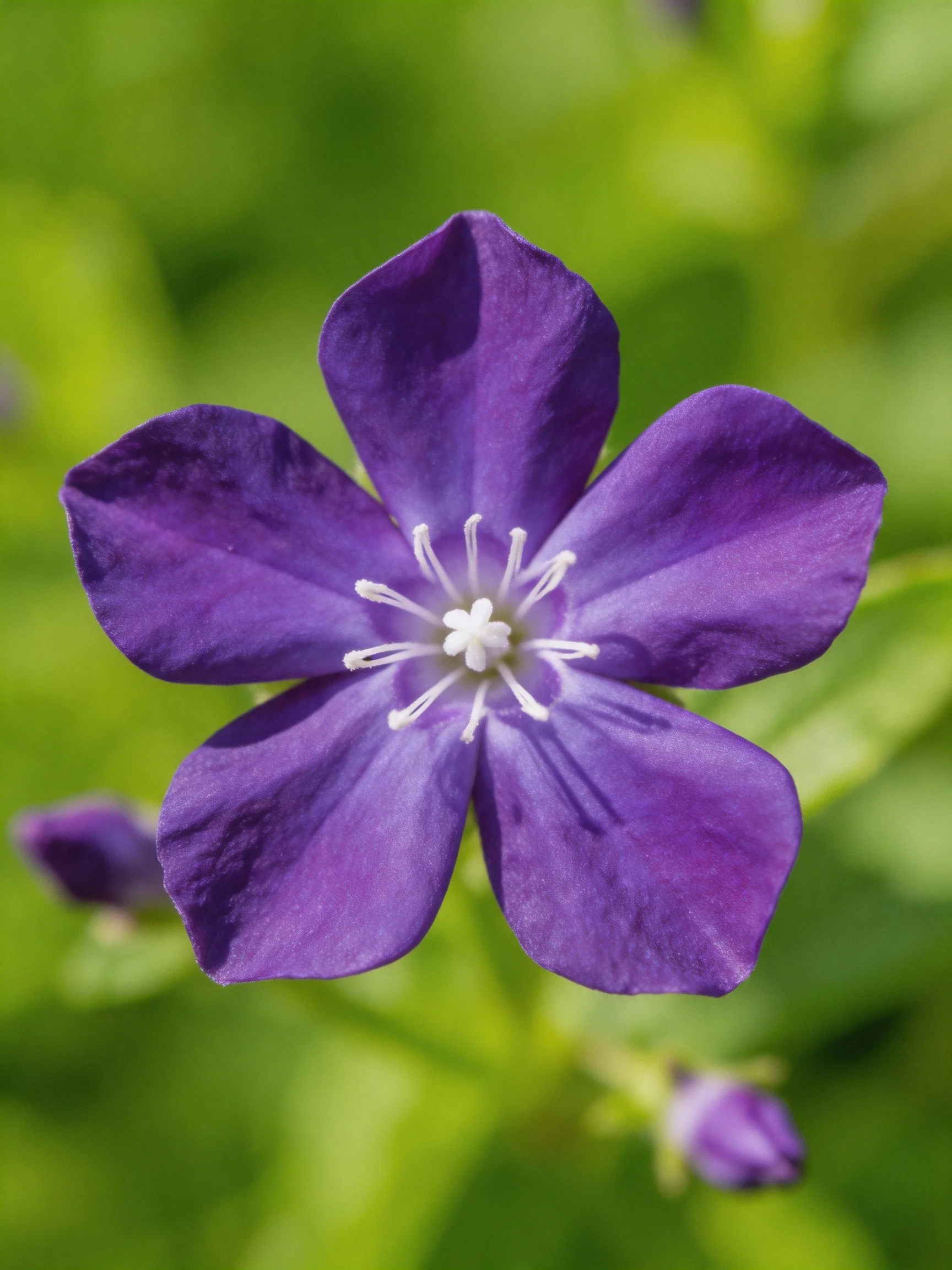 A vibrant purple five - petaled flower with green blurred background