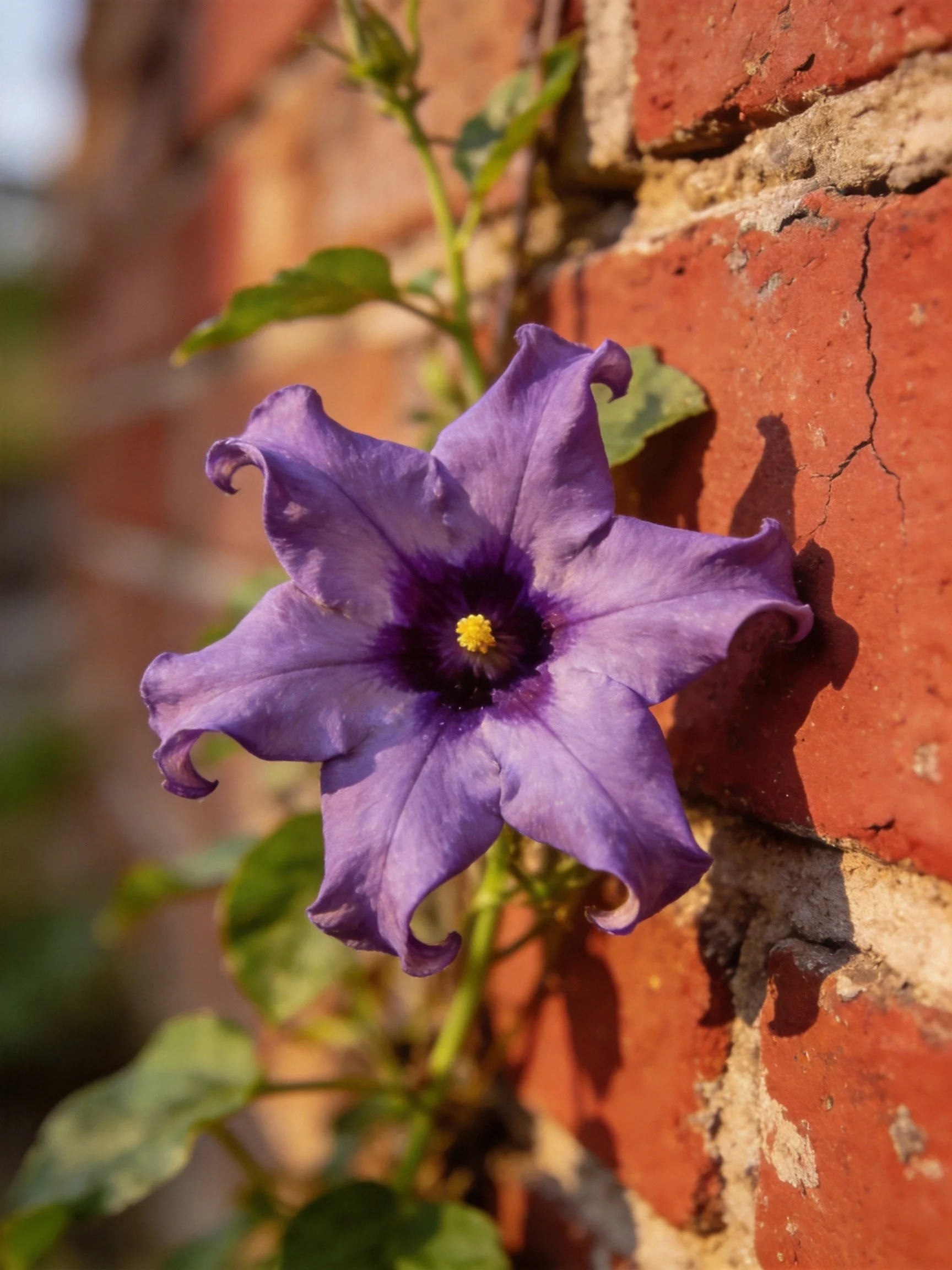 A vibrant purple flower blooms near an aged red brick wall