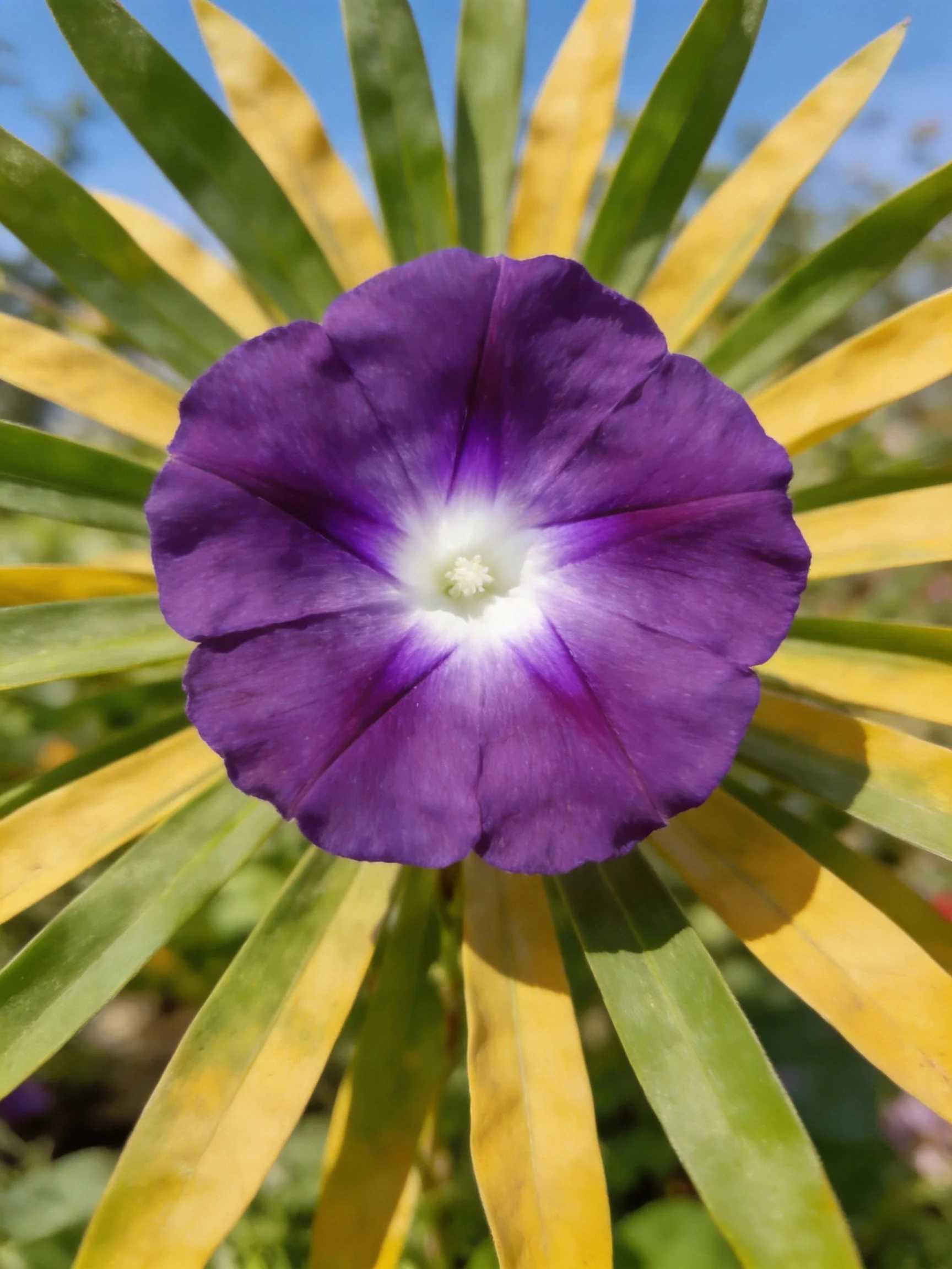 A vibrant purple flower centered amid green and yellow foliage
