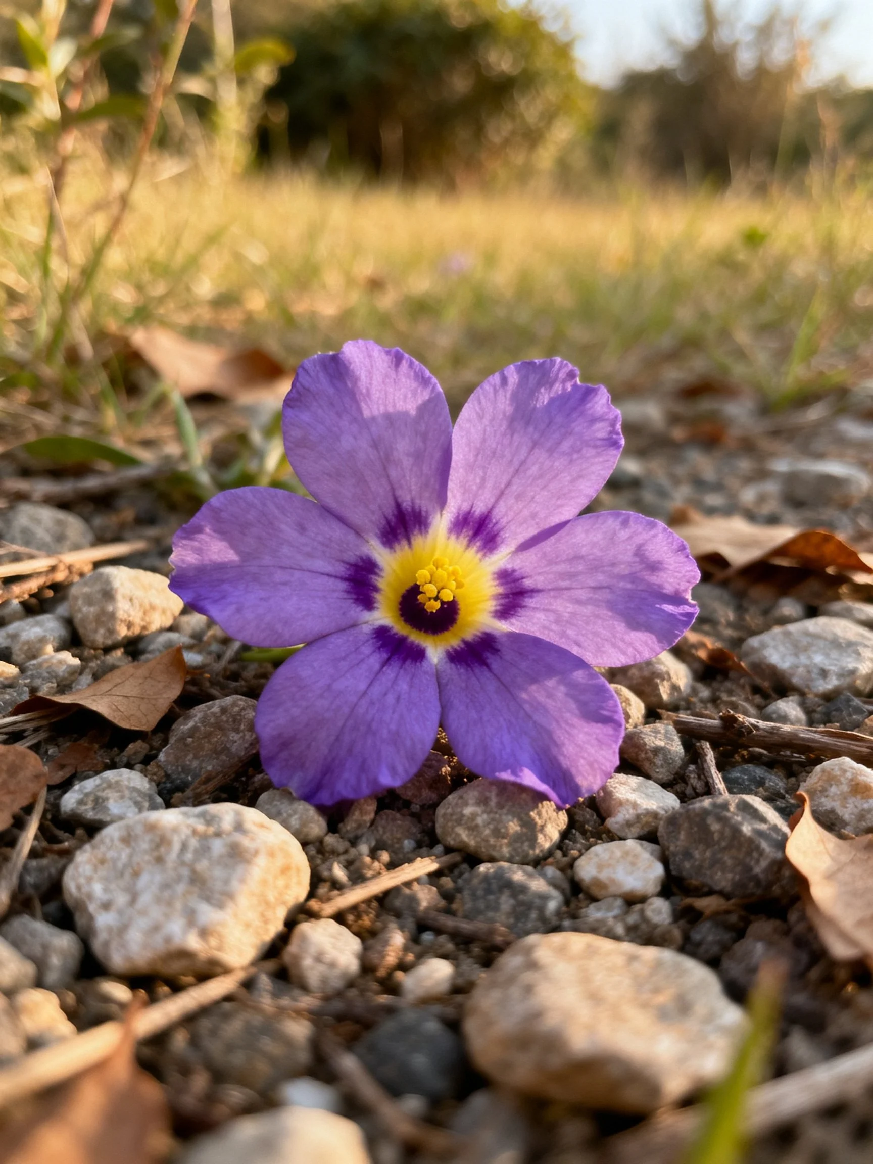 A vibrant purple flower sits atop gravel and dry leaves