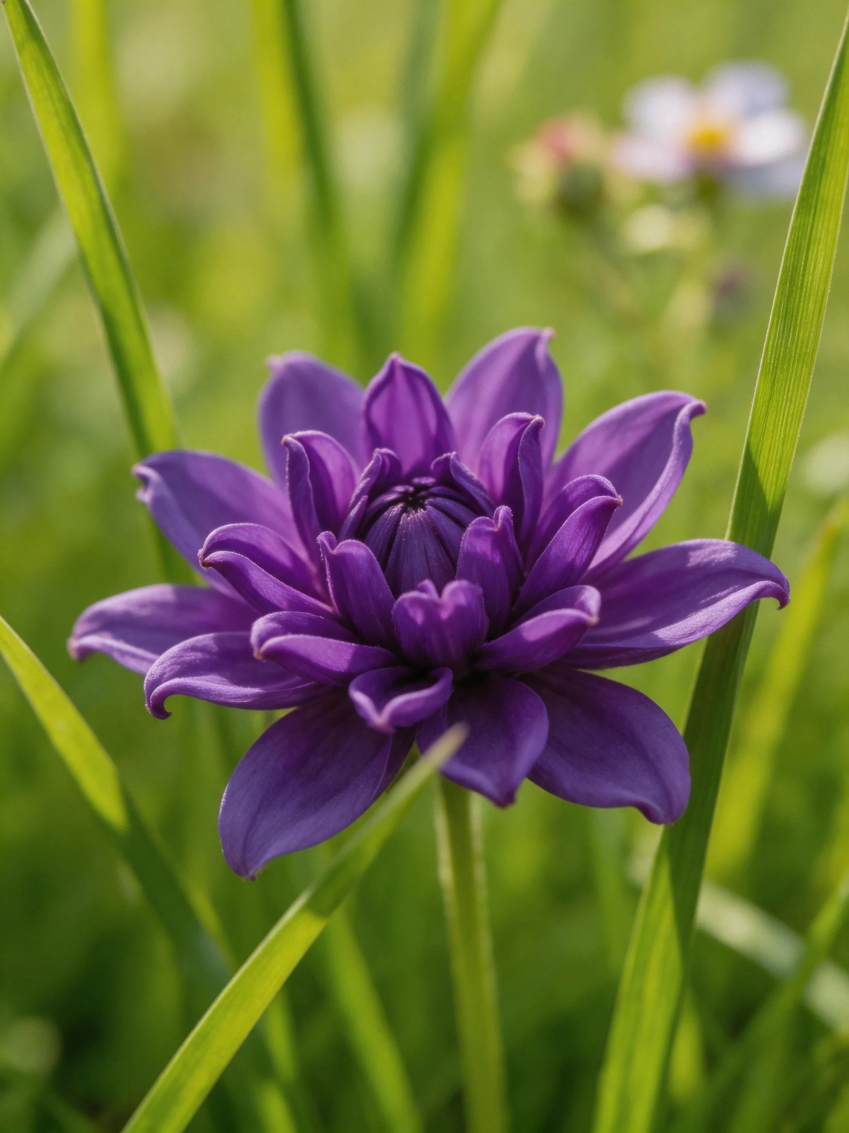 A vibrant purple flower surrounded by tall green grass blades