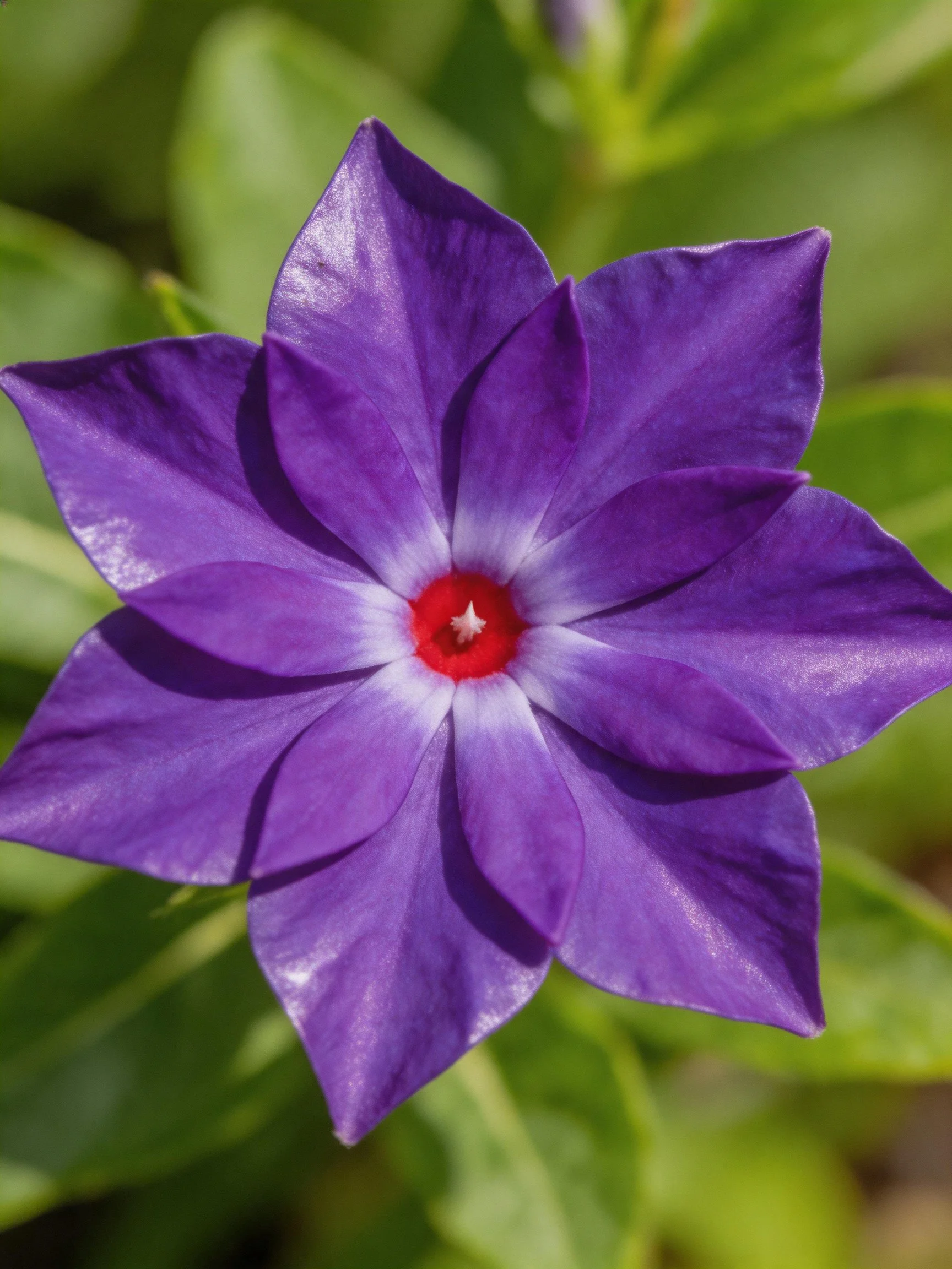 A vibrant purple flower with a bright red center