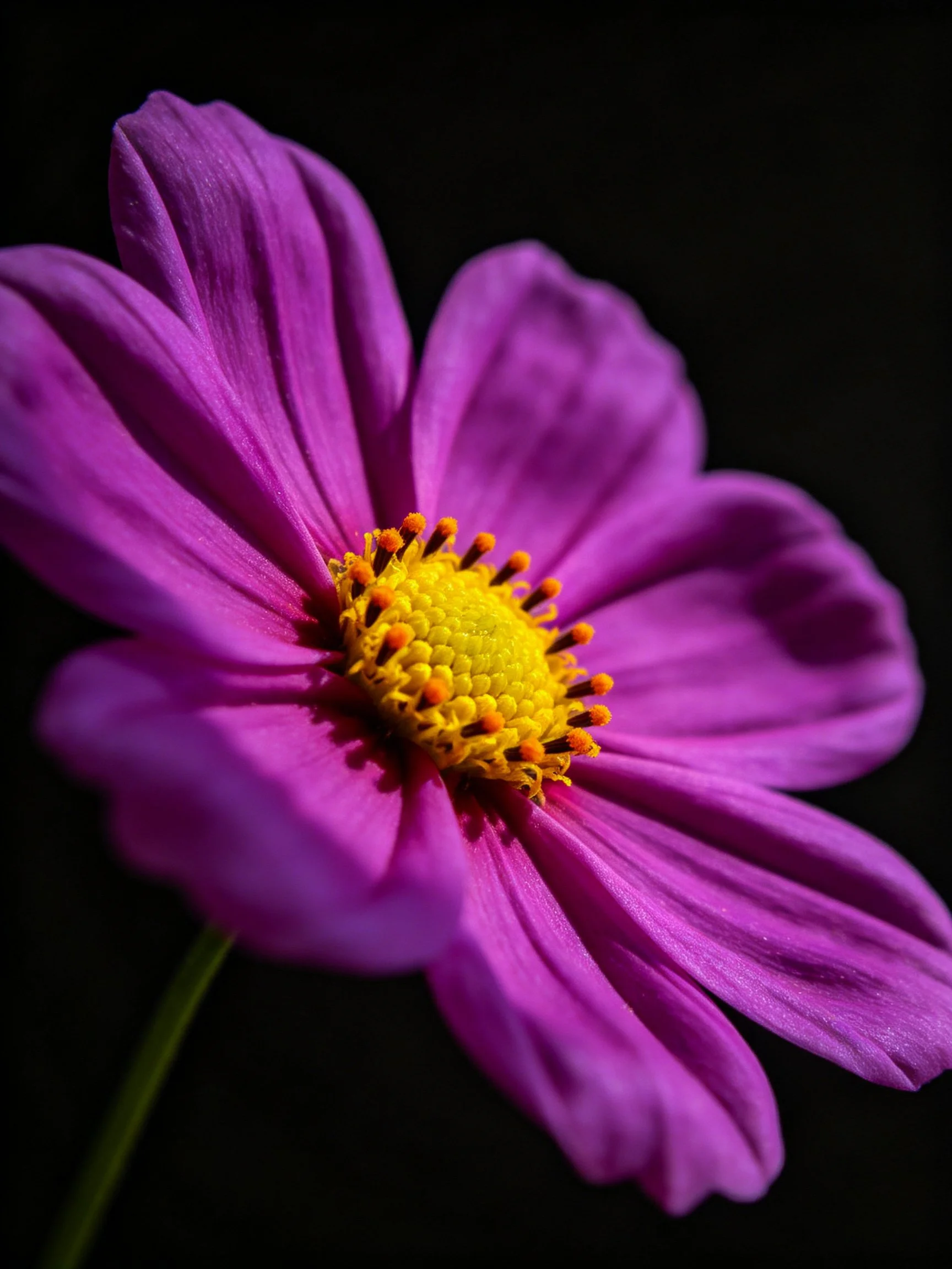 A vibrant purple flower with a bright yellow center against a dark background