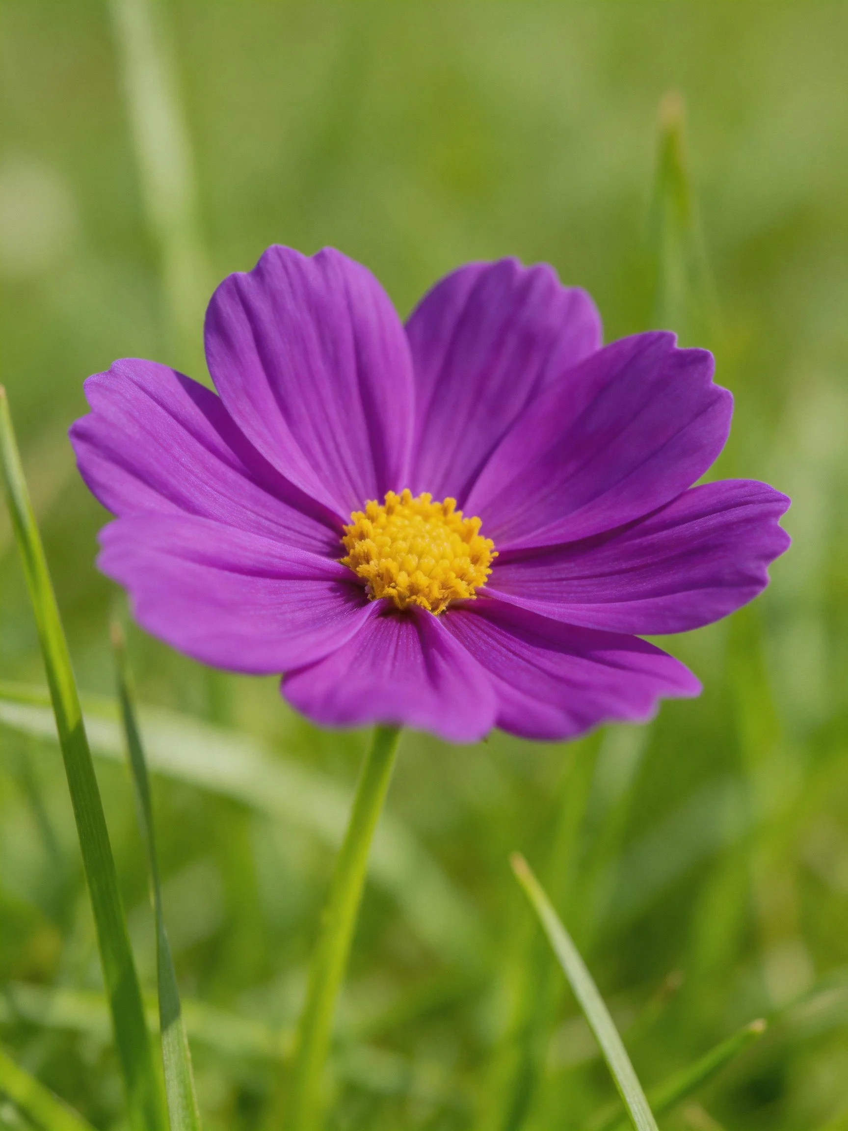 A vibrant purple flower with a bright yellow center amid green grass
