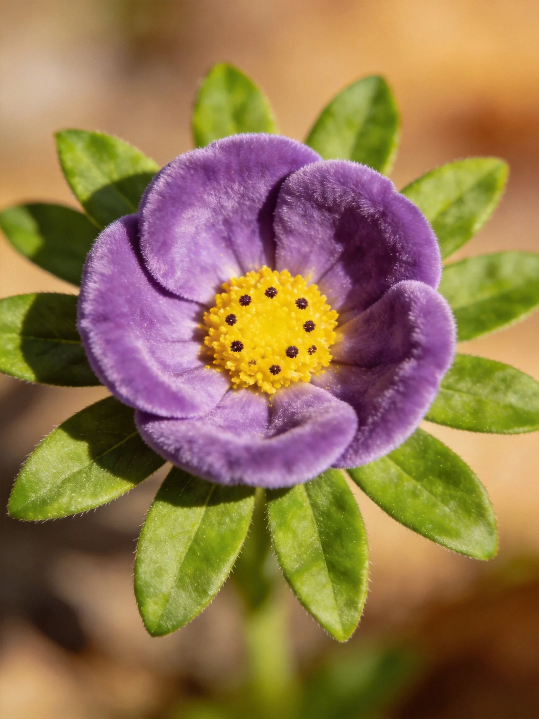 A vibrant purple flower with a bright yellow center and green leaves