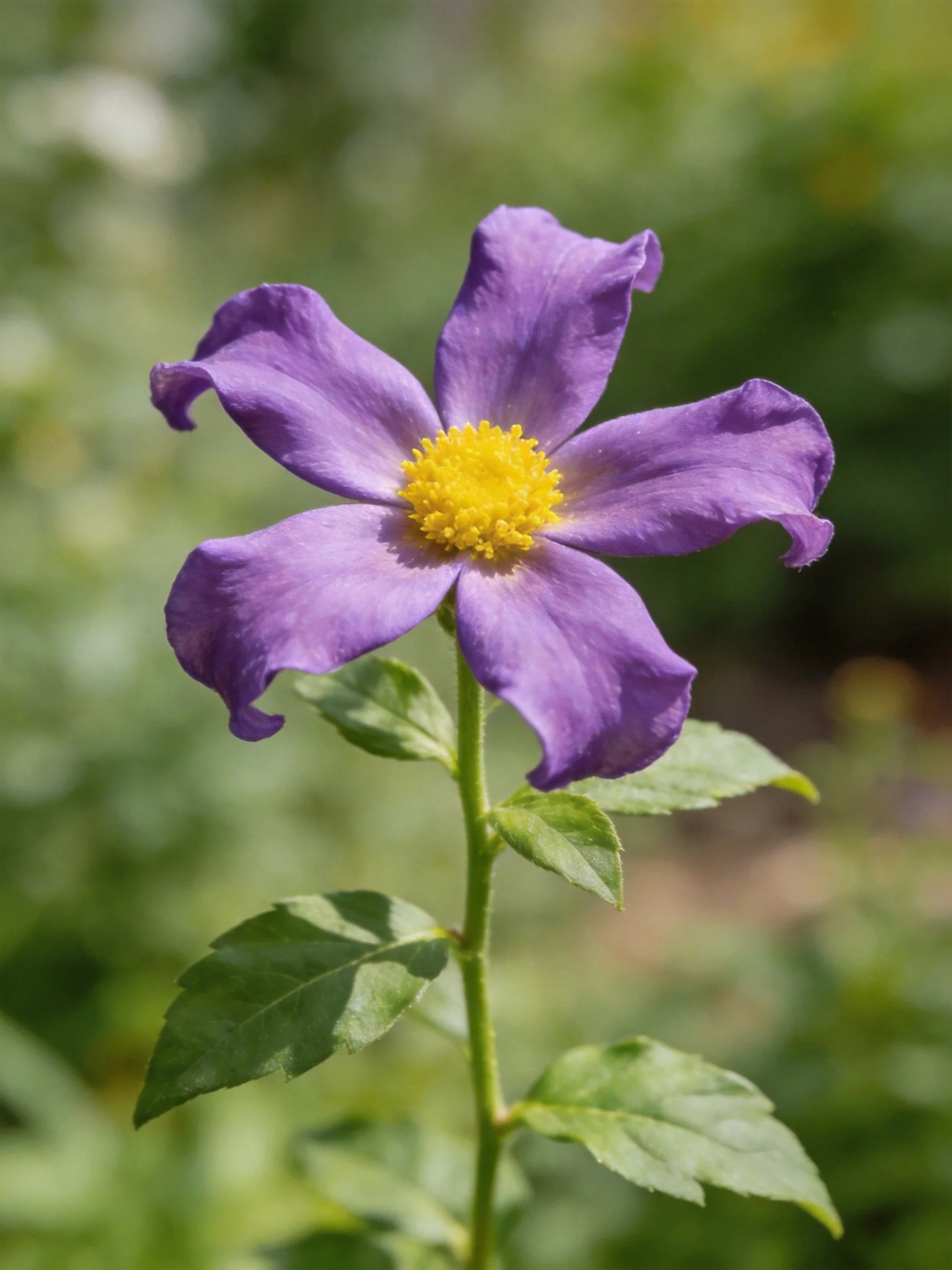 A vibrant purple flower with a bright yellow center