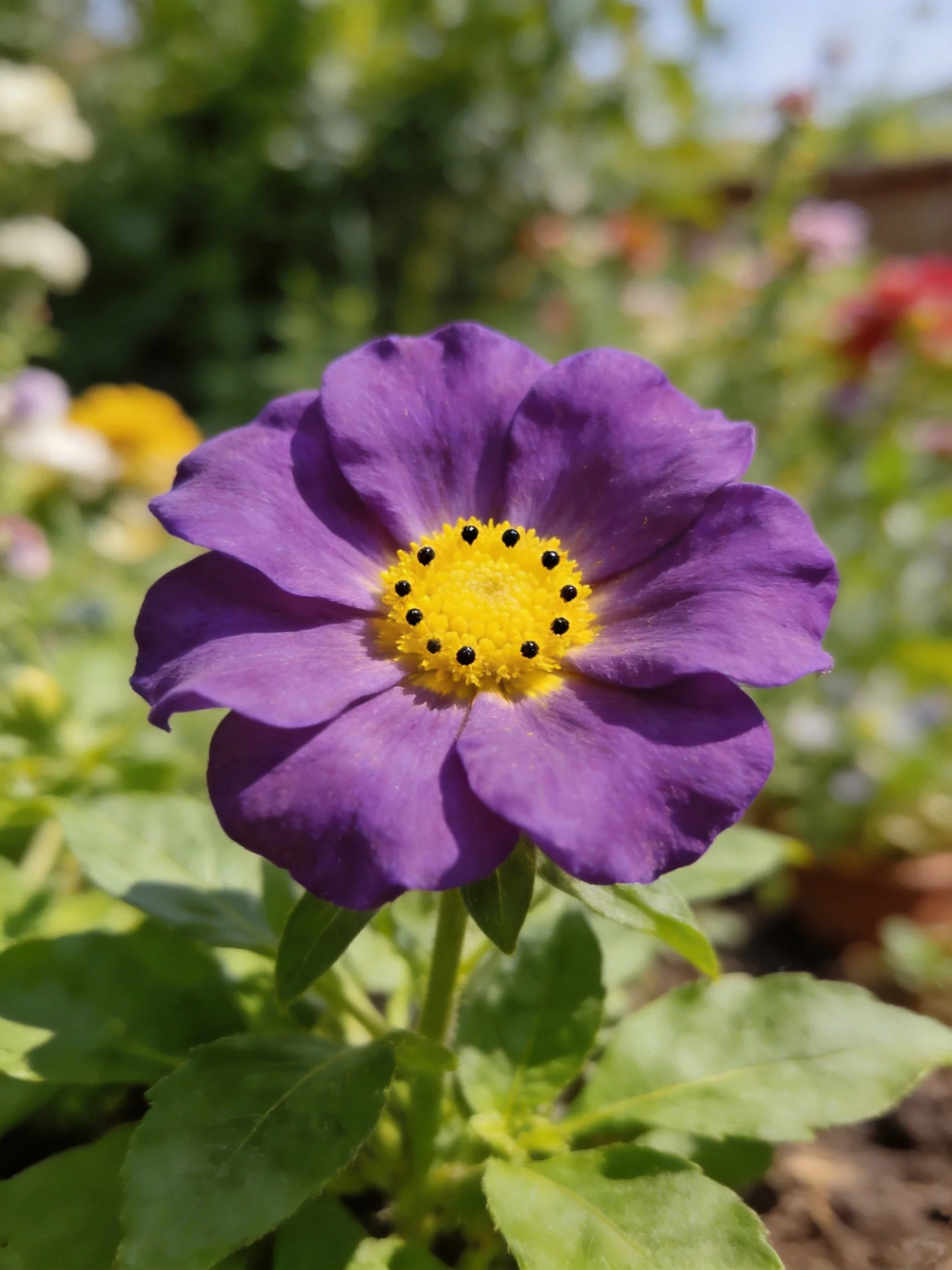 A vibrant purple flower with a bright yellow center