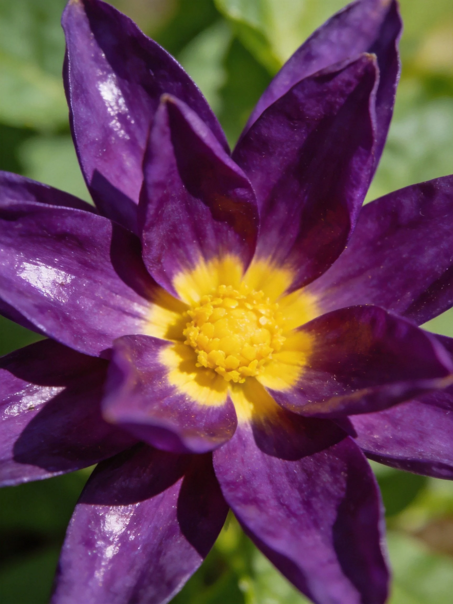 A vibrant purple flower with a bright yellow central core