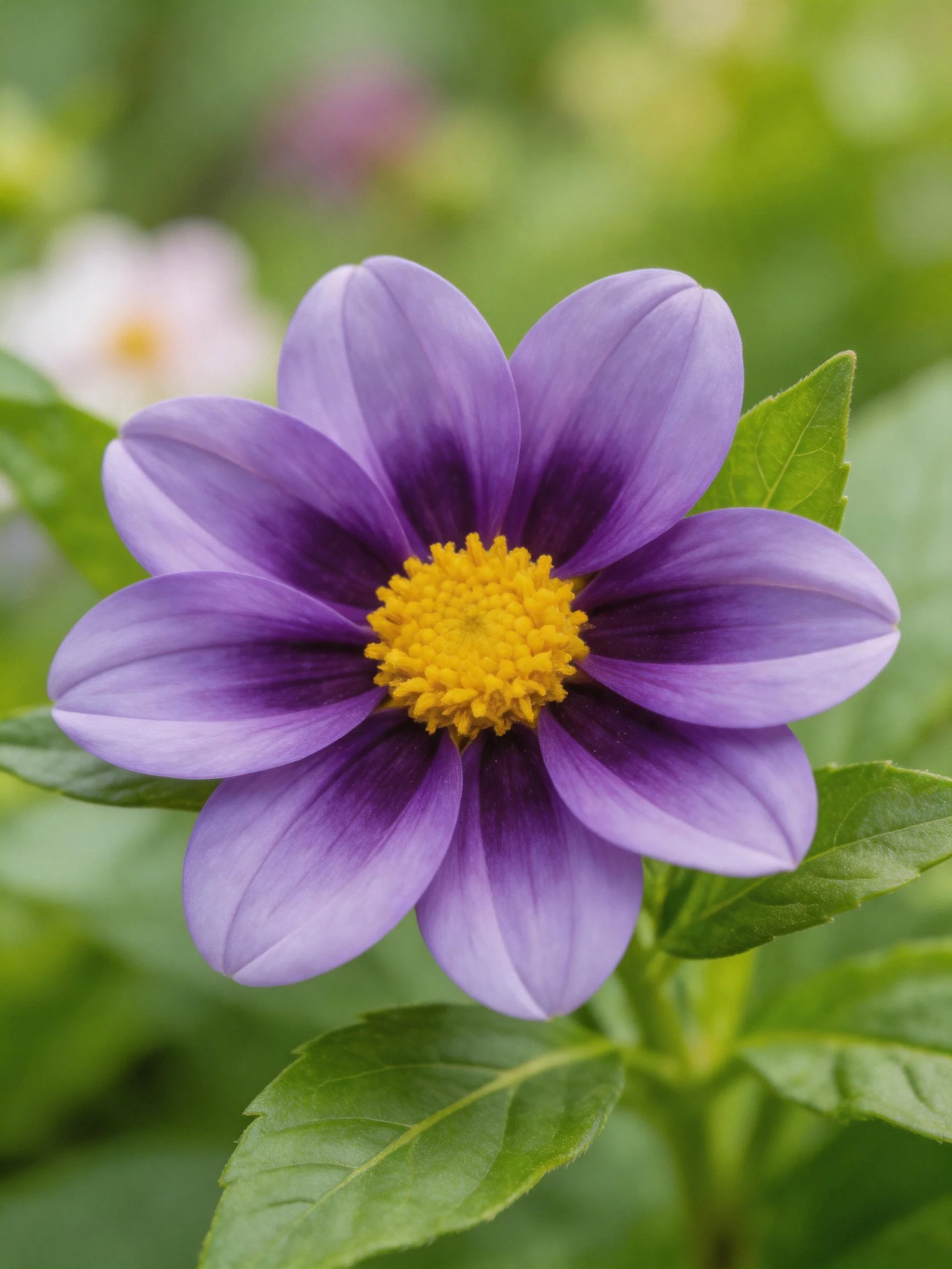 A vibrant purple flower with a golden center amidst green foliage