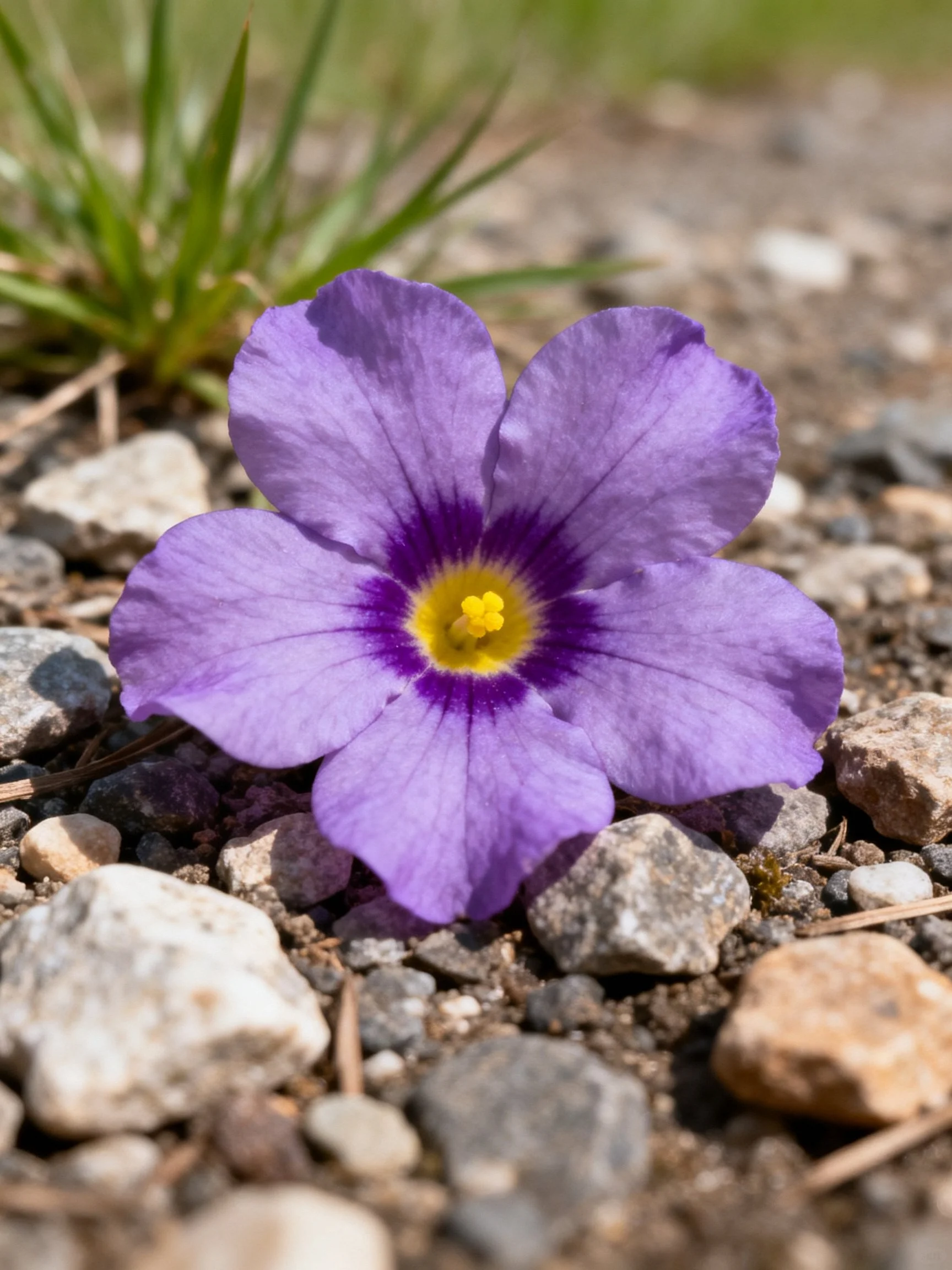A vibrant purple flower with a yellow center amid gravel and small stones