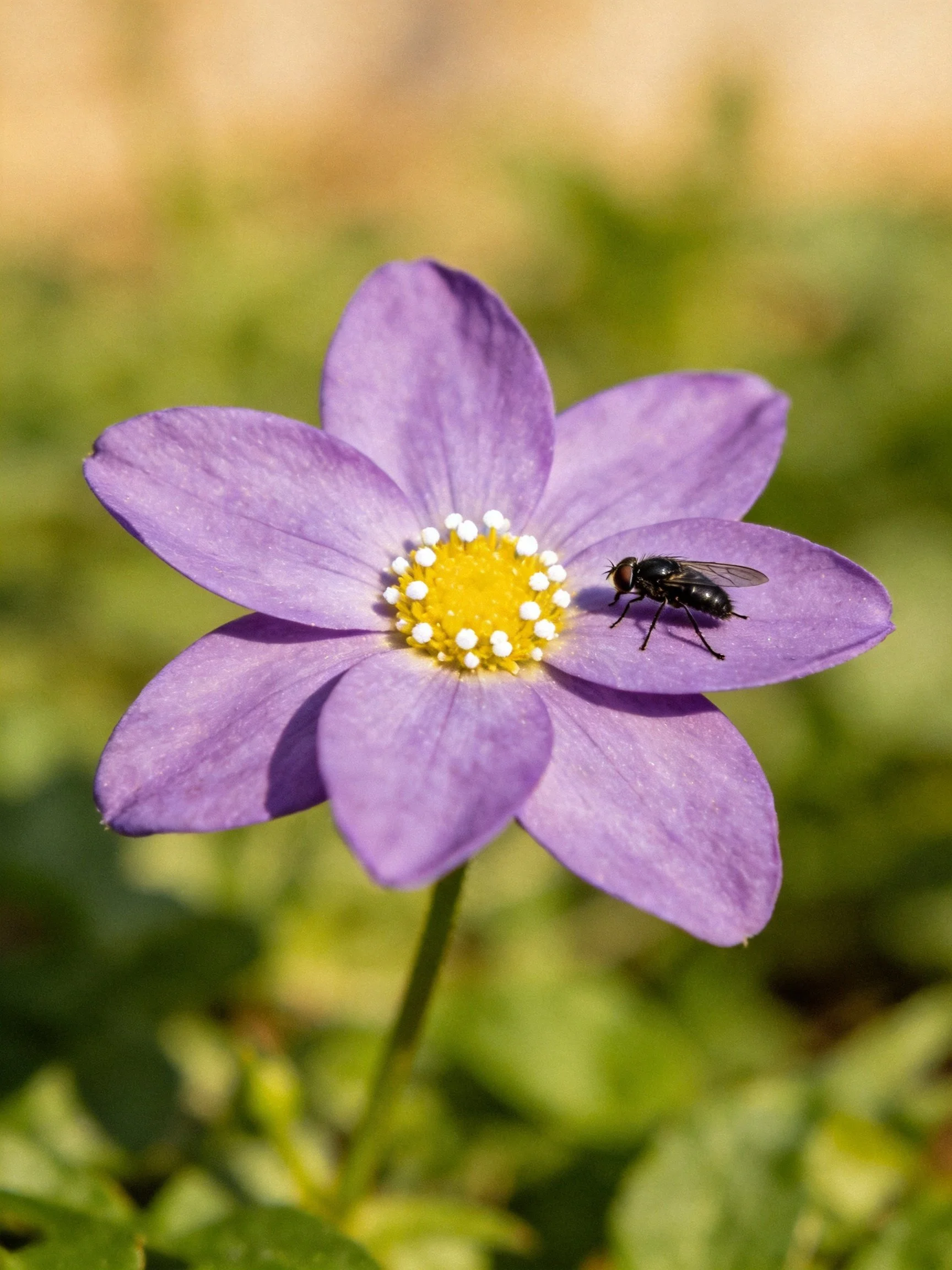 A vibrant purple flower with a yellow center and a black fly