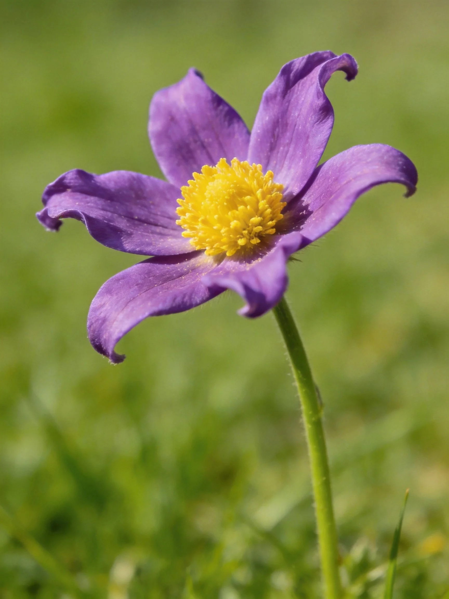 A vibrant purple flower with bright yellow center among green grass