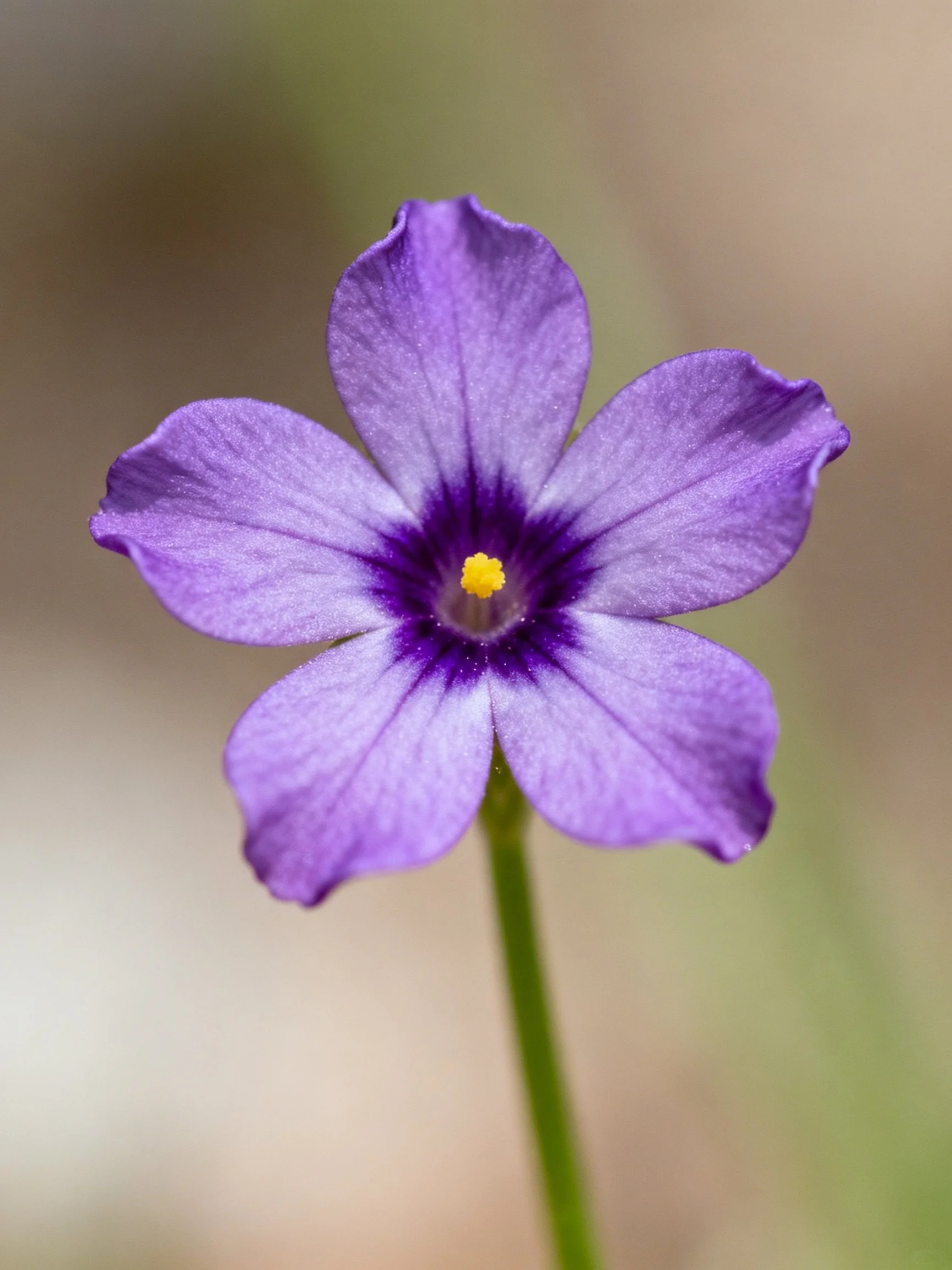 A vibrant purple flower with five petals and a yellow center