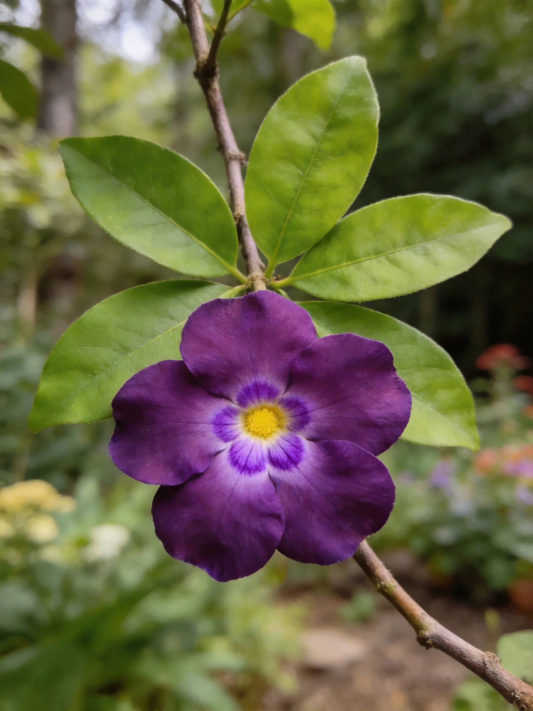 A vibrant purple flower with five petals and green leaves