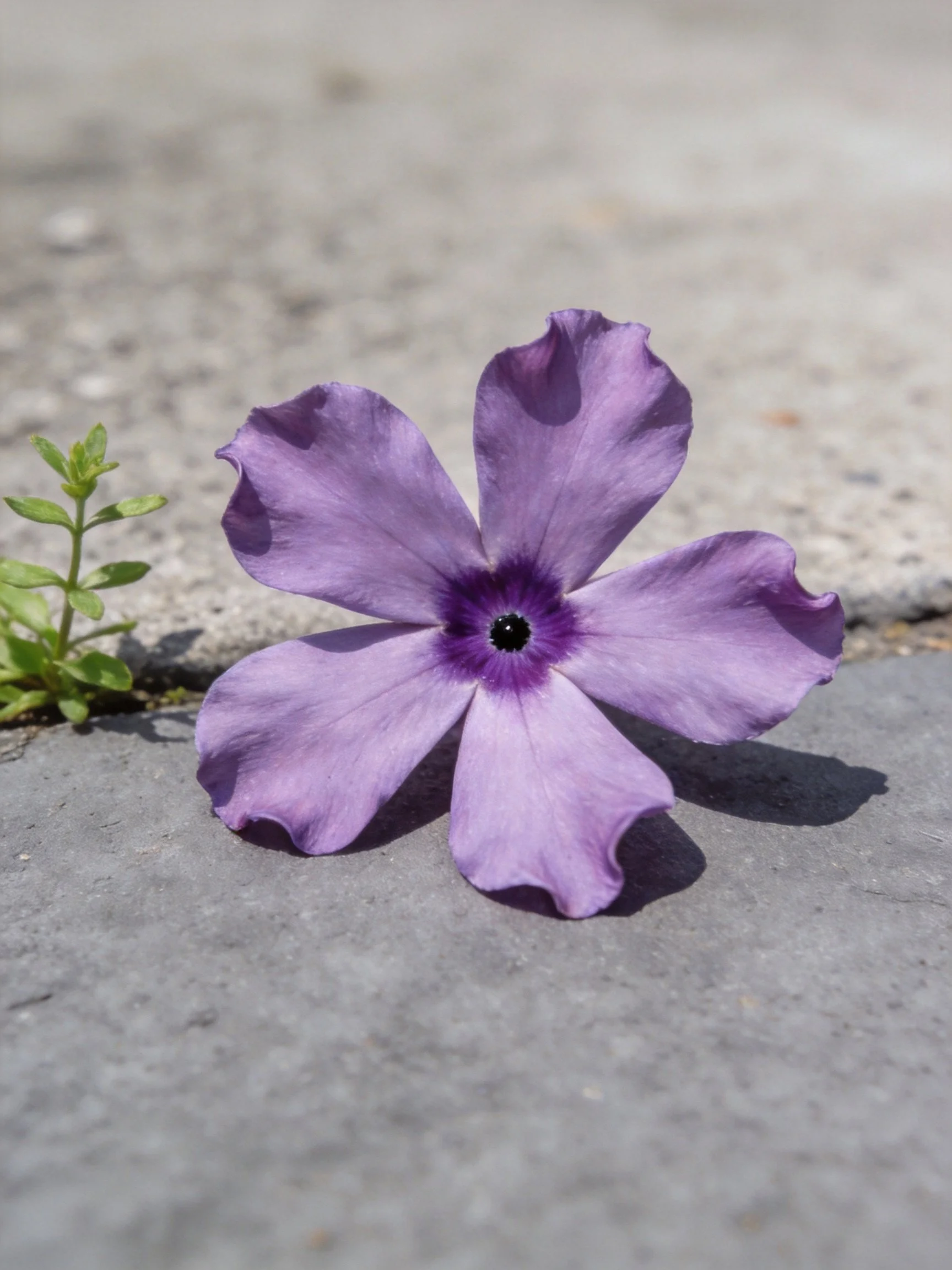 A vibrant purple flower with five petals rests on a gray pavement