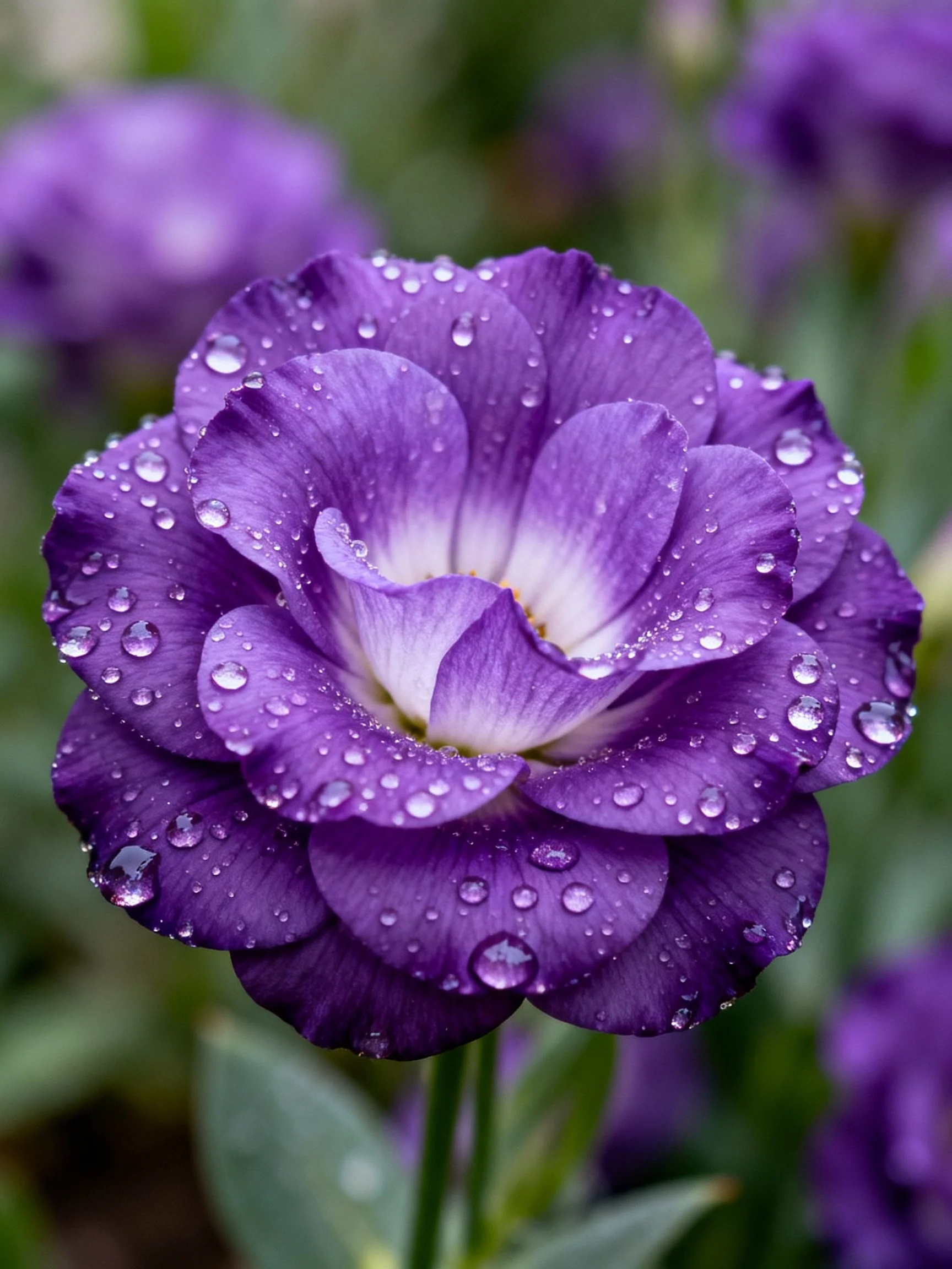 A vibrant purple flower with glistening water droplets