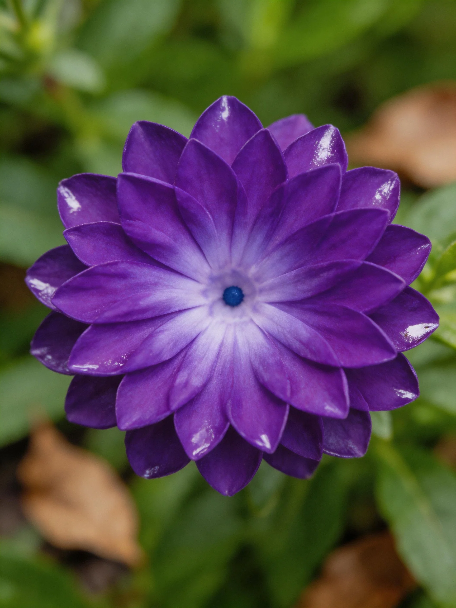 A vibrant purple flower with layered petals and a blue center