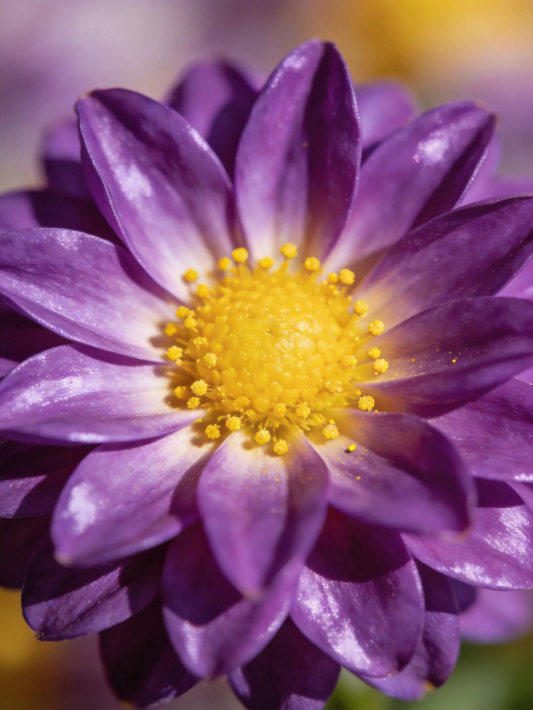 A vibrant purple flower with layered petals and a bright yellow center